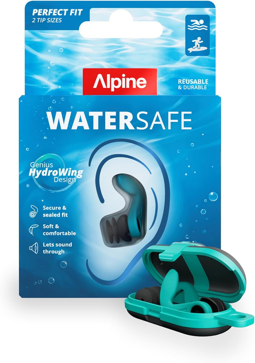 Alpine WaterSafe |Ear Plugs for Swimming, Swimmers, Surfing, & Water Sports | Ear protection to keep water out & hear sound | Secure fit, soft, comfortable, & reusable | 2 Tip sizes (M/L) | 1 Pair