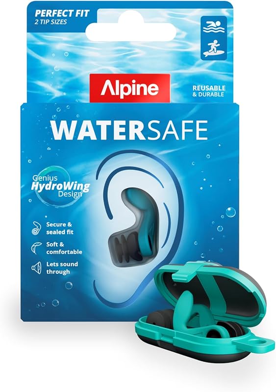 Alpine WaterSafe |Ear Plugs for Swimming, Swimmers, Surfing, & Water Sports | Ear protection to keep water out & hear sound | Secure fit, soft, comfortable, & reusable | 2 Tip sizes (M/L) | 1 Pair