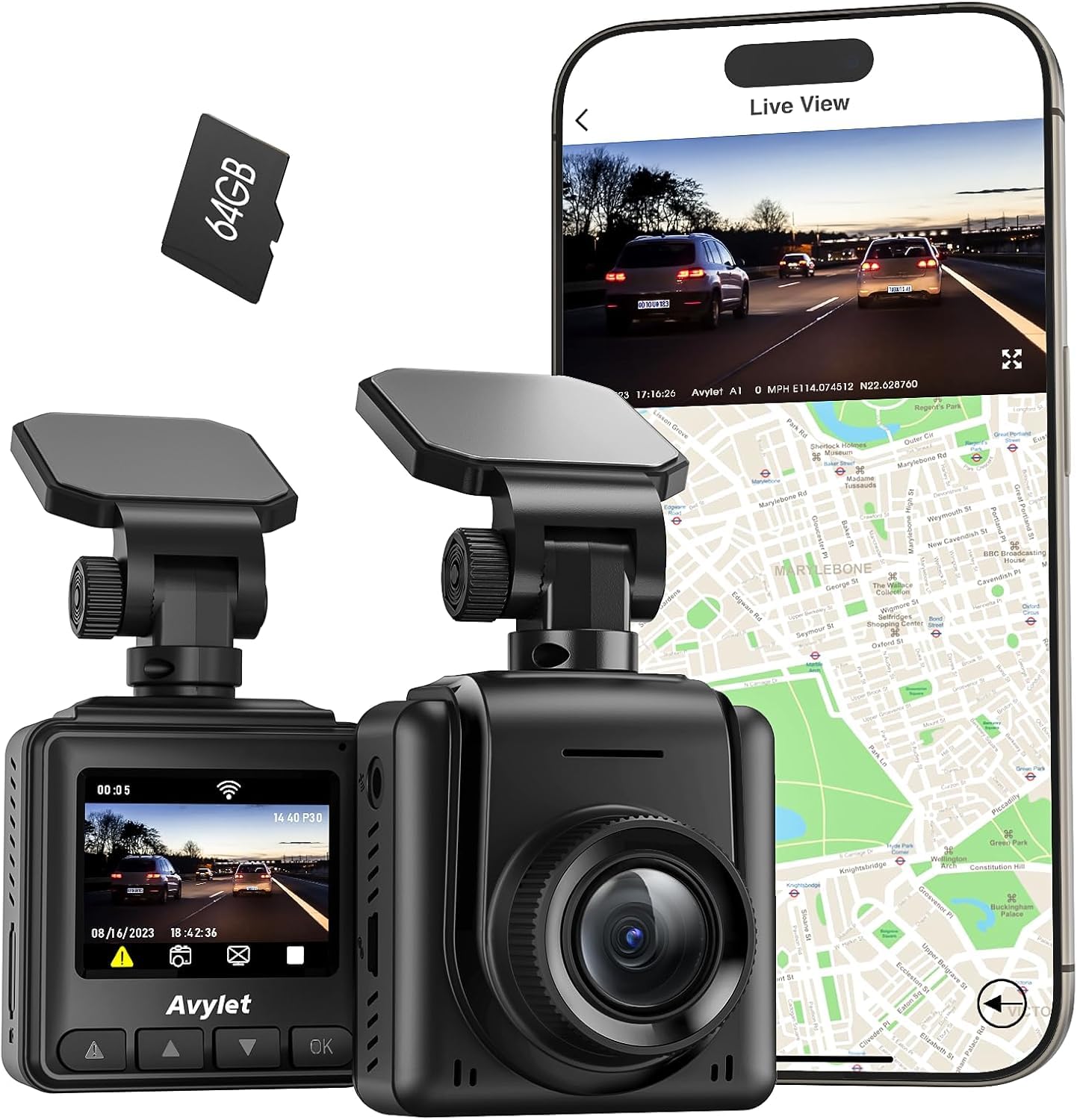 Avylet 2K Dash Cam Wi-Fi Con Scheda 64GB,Telecamera per Auto Mini con APP,Supporta Modulo GPS Esterno,Grandangolare di 170°,Visione Notturna,24H Monitor di Parcheggio,Rilevamento di Movimento,G-Sensor