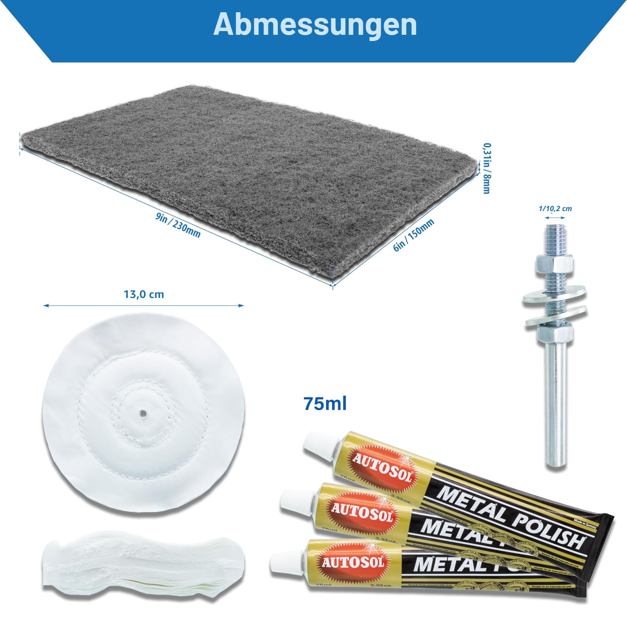 Optimales Polierset (6-teilig) für Metall - Beinhaltet 3 x 75 ml Metall-Politur, 150 x 230 mm Schleifvlies-Pad, Stoffbürste (130 mm) und Dorn (6 mm)