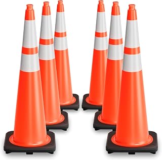STARSIGNS 6 Pack 36 Inch Traffic Cones - 5.3LB Weighted Base Orange Safety Cones with Reflective Strips, PVC Construction Cones for Parking Lots, Road Work, Driveways & Event Control