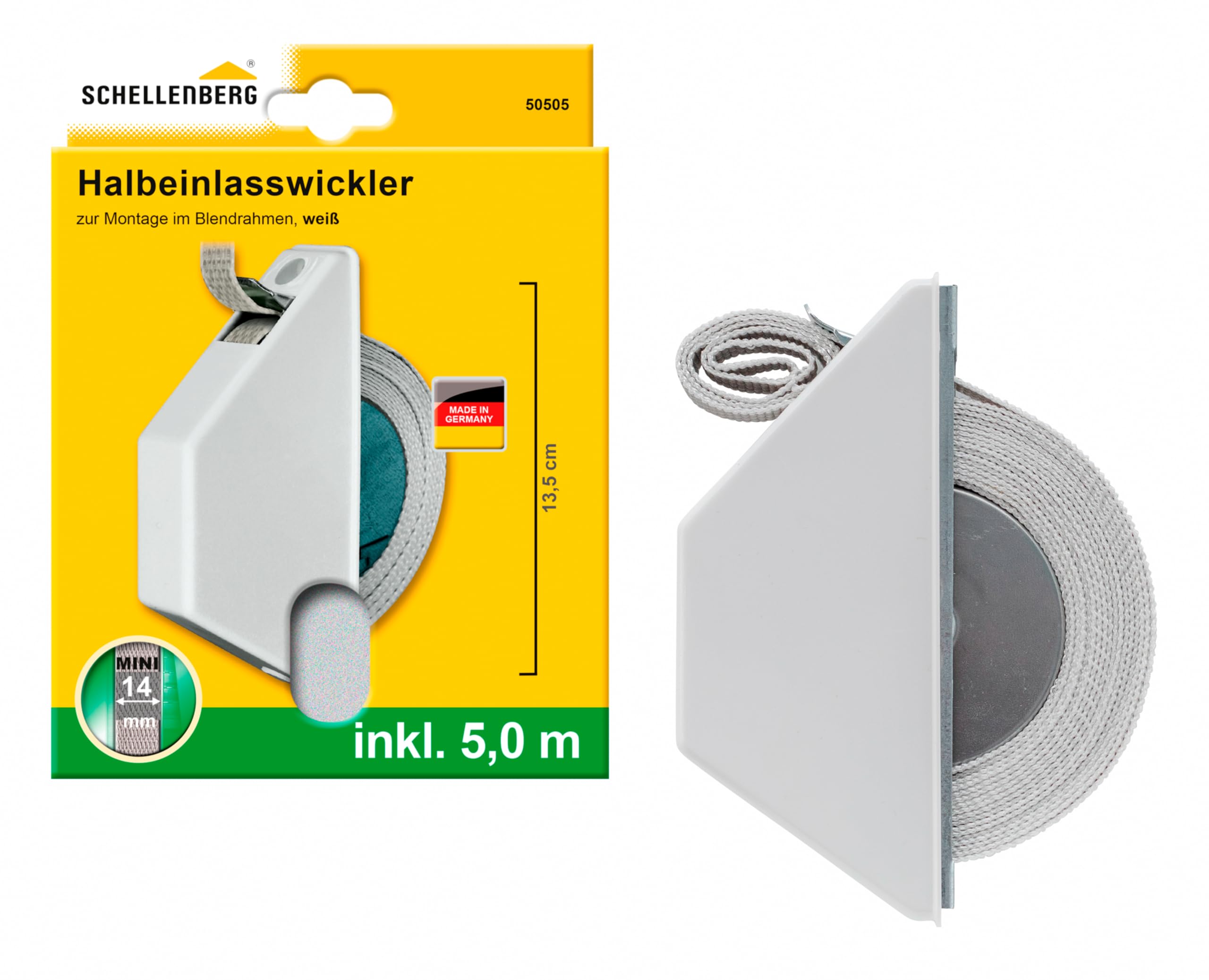 Schellenberg 50505 Mini Enrouleur de sangle, prise jusqu'à la moitié Blanc