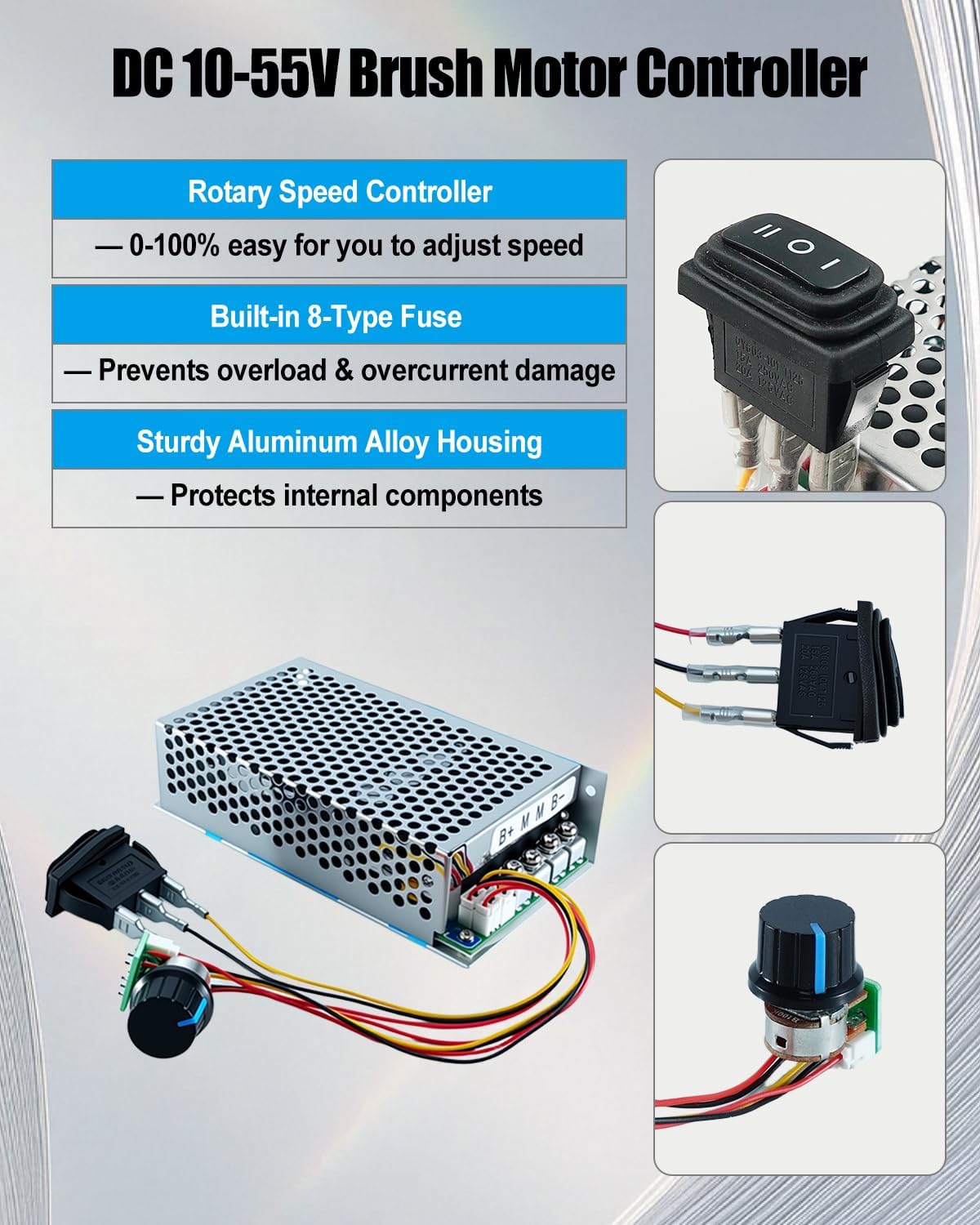 Industrial PWM DC Motor Speed Controller 3500W 100A Max, DC 10-55V Brush Motor Controller with Forward-Brake-Reverse Switch & Adjustable Potentiometer Knob