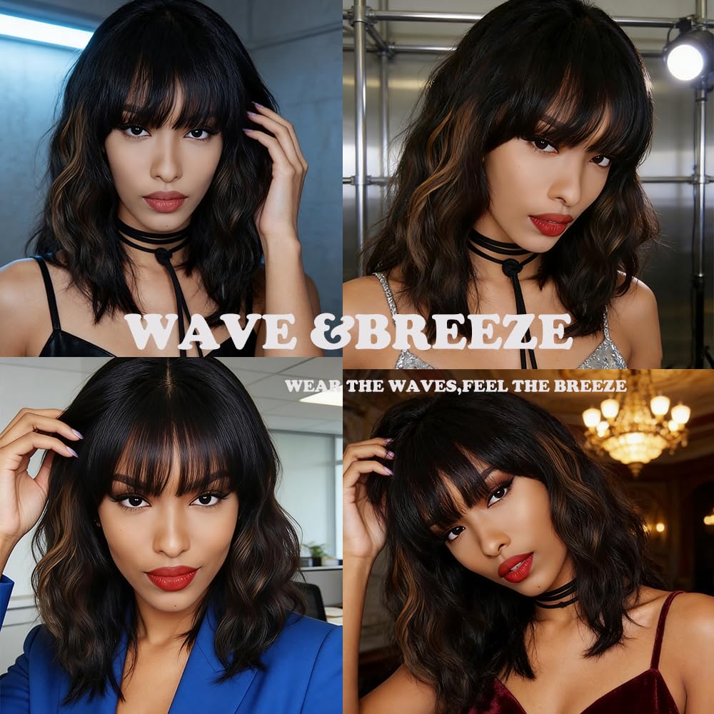 WAVE&BREEZE Black Mixed Brown Highlights Wigs for Black Women Short Wavy Curly Bob Wig With Bangs Natural Looking Synthetic Hair Wigs Heat Resistant Fiber Wig for Daily Party - Image 6
