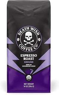 Death Wish Coffee Espresso Roast Ground Coffee - Organic Fair Trade Dark Roast with Extra Caffeine Kick, 14oz Bag