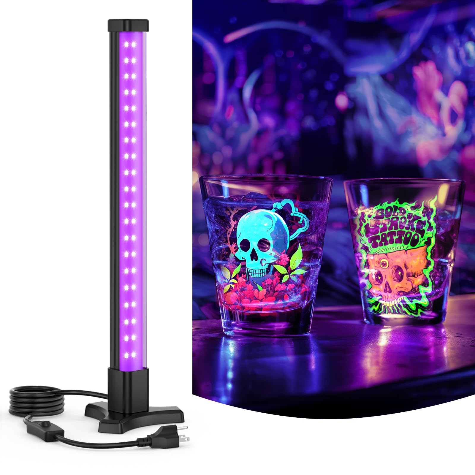Onforu 15W Black Light Bar, 40 LEDs 15 Inch Blacklight Tube with Plug and Switch, Vertical Standing Blacklight for Glow in The Dark Party, Halloween Decorations, Desktop, Body Paint, Poster