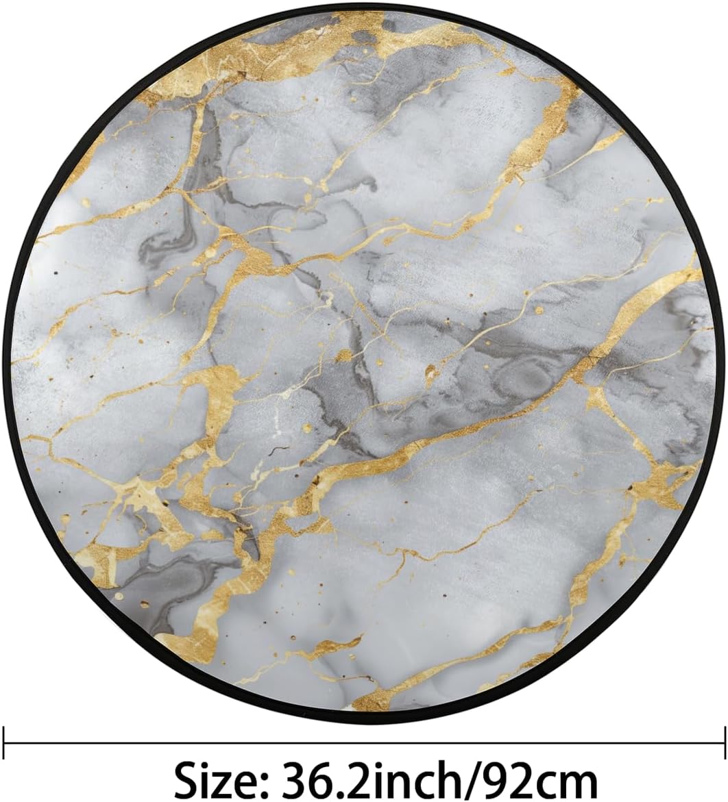 Round Rug 3' Area Rug Indoor Carpet Mat Modern Abstract Art Golden Grey Marble Pattern Non-Slip Floor Mat for Bathroom Office Classroom Bedroom Nursery