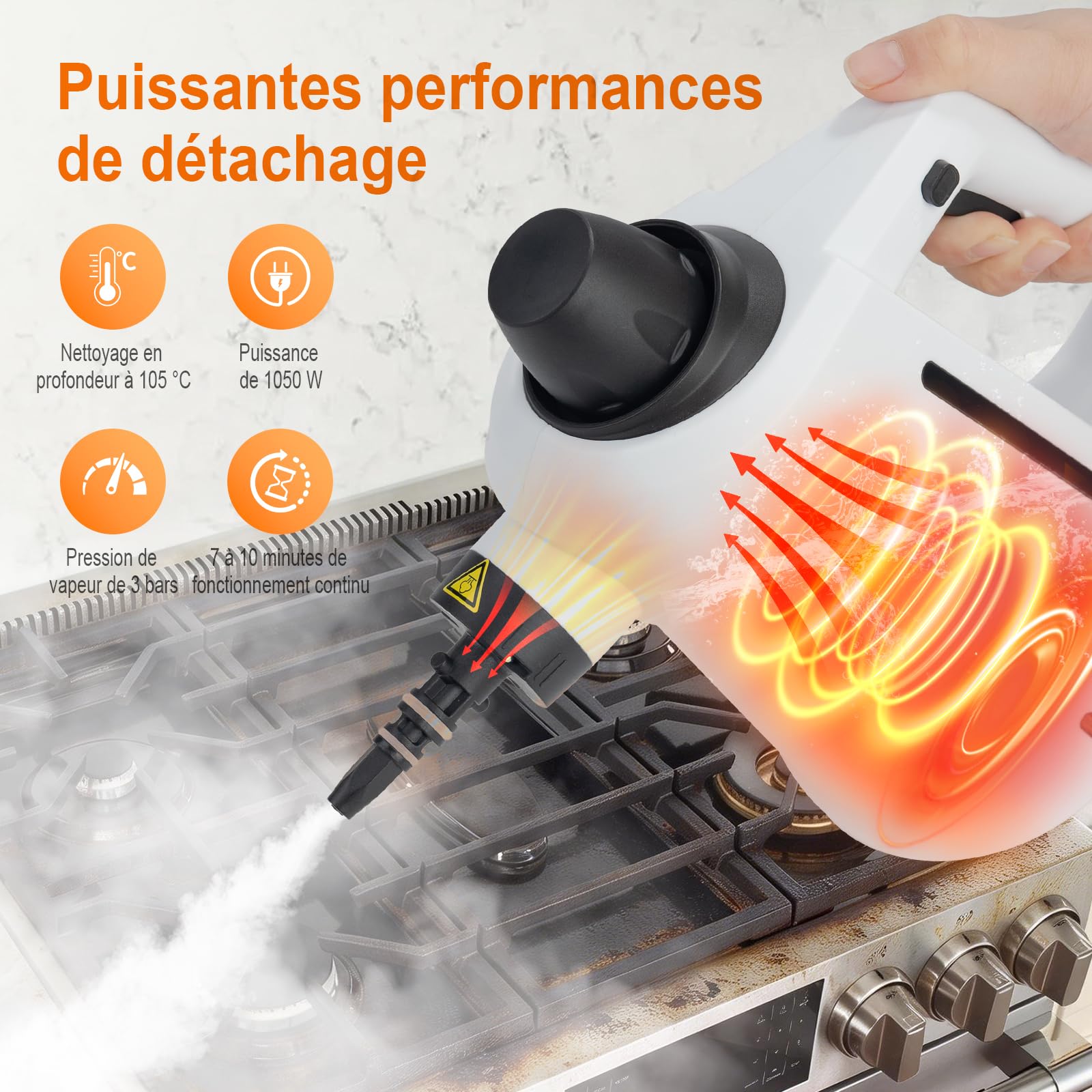 Ibergrif Nettoyeur Vapeur Portatif, 1050W avec 12 Accessoires, 3 Bar Haute Pression, Solution Sans Produits Chimiques, pour Canapé, Cuisine, Joints et Vitres, 350ml, Blanc