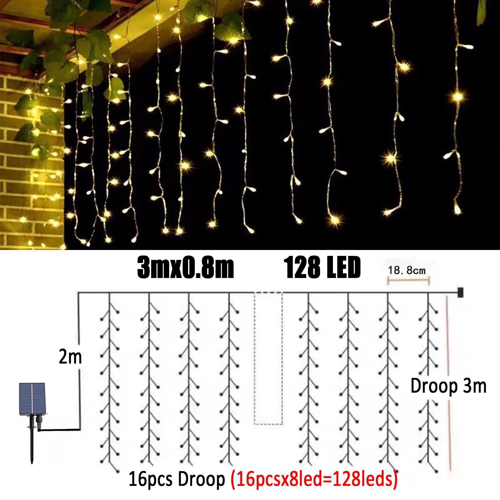 Solar LED Eisregen Lichterkette Außen mit Fernbedienung Wasserdicht 8 Modi Eiszapfen Lichterkette Lichtervorhang Deko für Weihnachten Hochzeit Terrasse (9.85ft 128LED, Warmweiß)