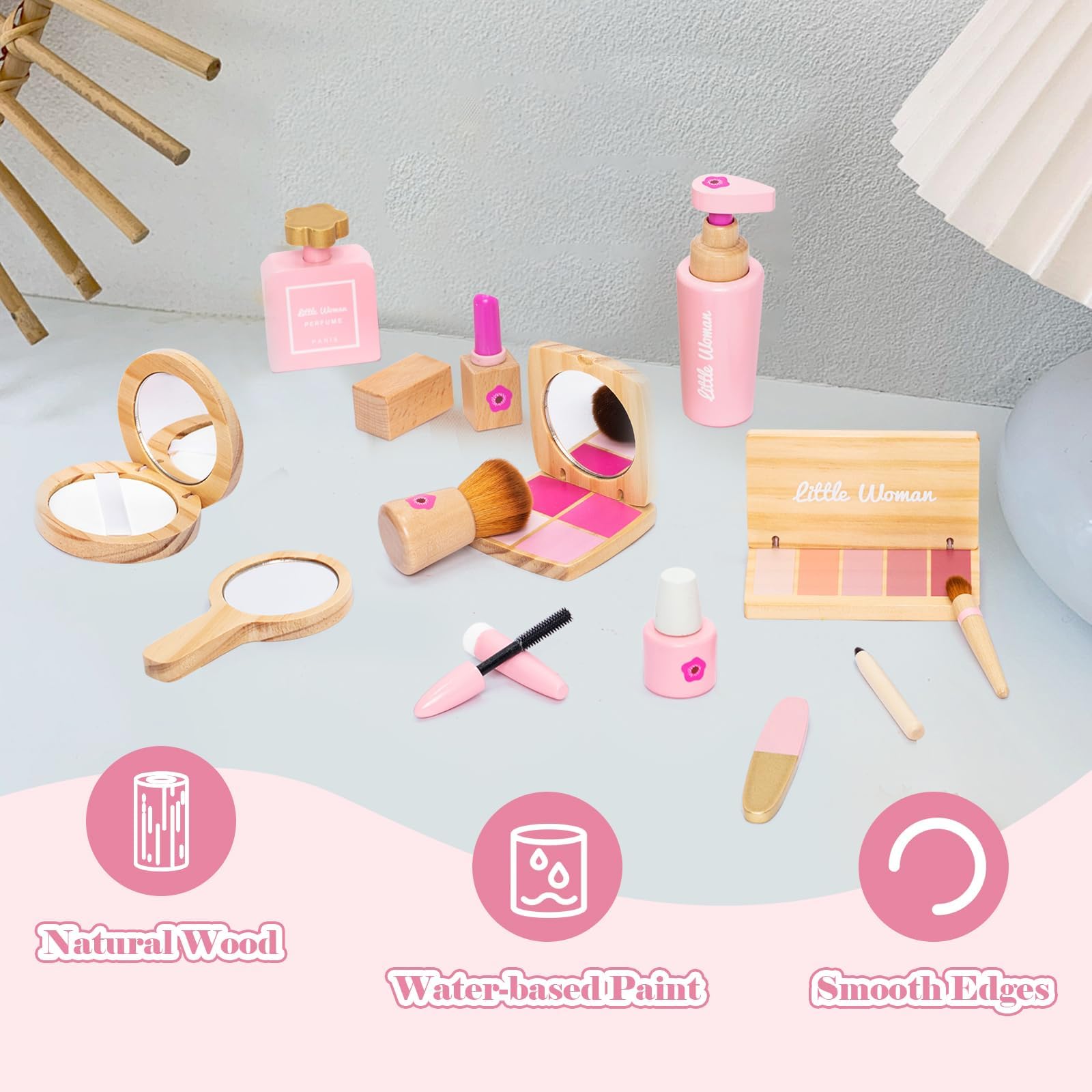 Schminkset Kinder Holz – 15-teiliges Premium Holzspielzeug Kosmetiktasche mit Lippenstift, Lidschatten, Spiegel & Parfüm – Montessori Frisiertisch Zubehör Rollenspiel Geschenk für Mädchen ab 3 Jahren