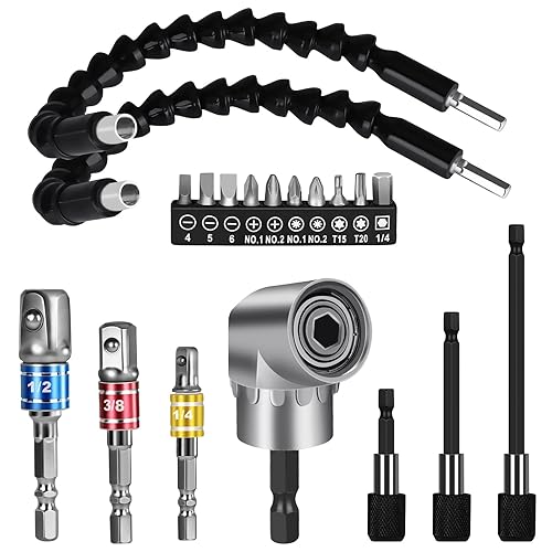 Flexible Drill Bit Extension Set 19pcs, Hex Shank 105Right Angle Drill Attachmen, 3pcs 14 38 12" Universal Socket Adapter Set, 3pcs Drill Bit Holder