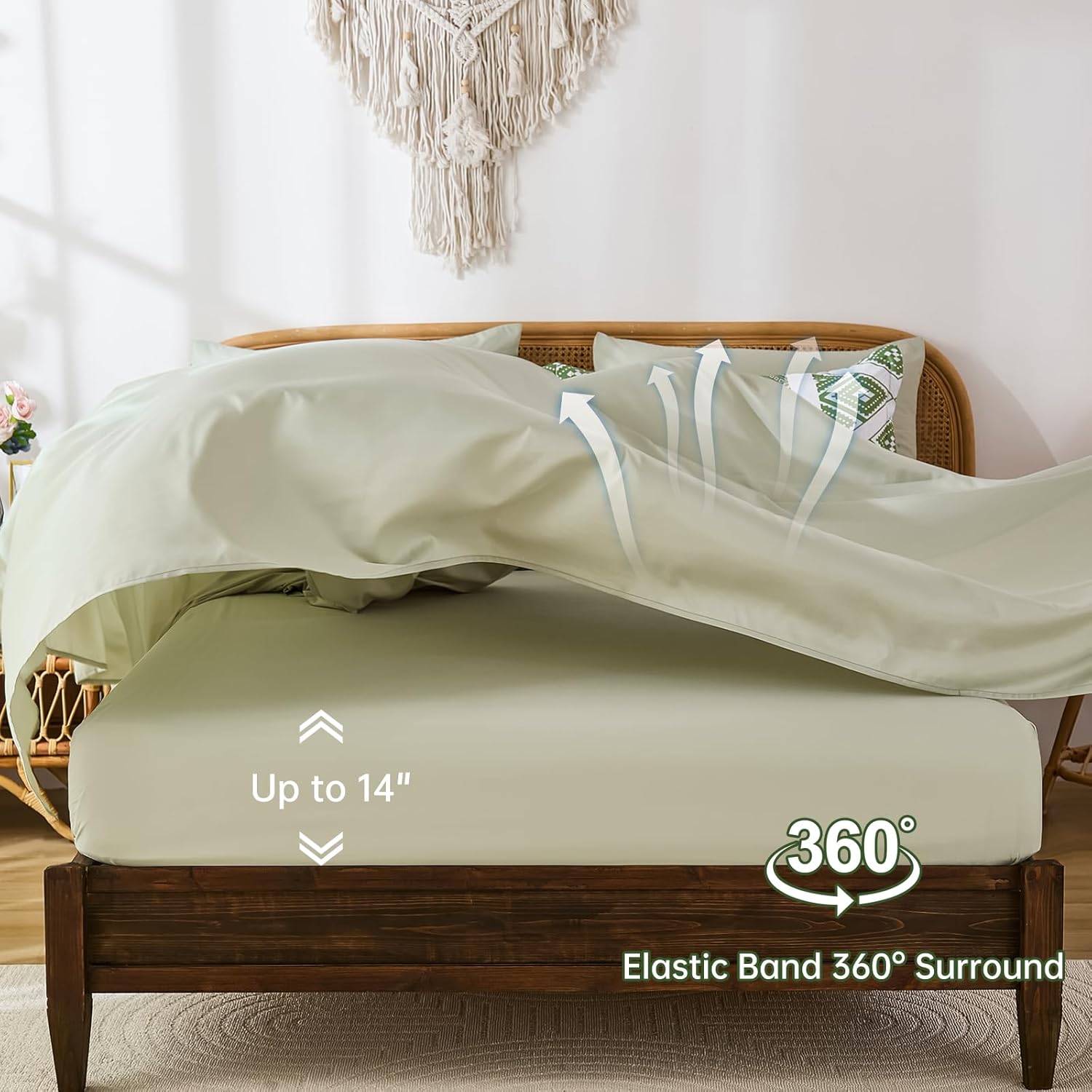 Luxudecor Green Comforter Set Queen Size 7 Pieces,Boho Aztec Comforter with Sheet Set,Geometric Striped Pattern Bed in a Bag,Soft Microfiber Bed Set 90"x90"