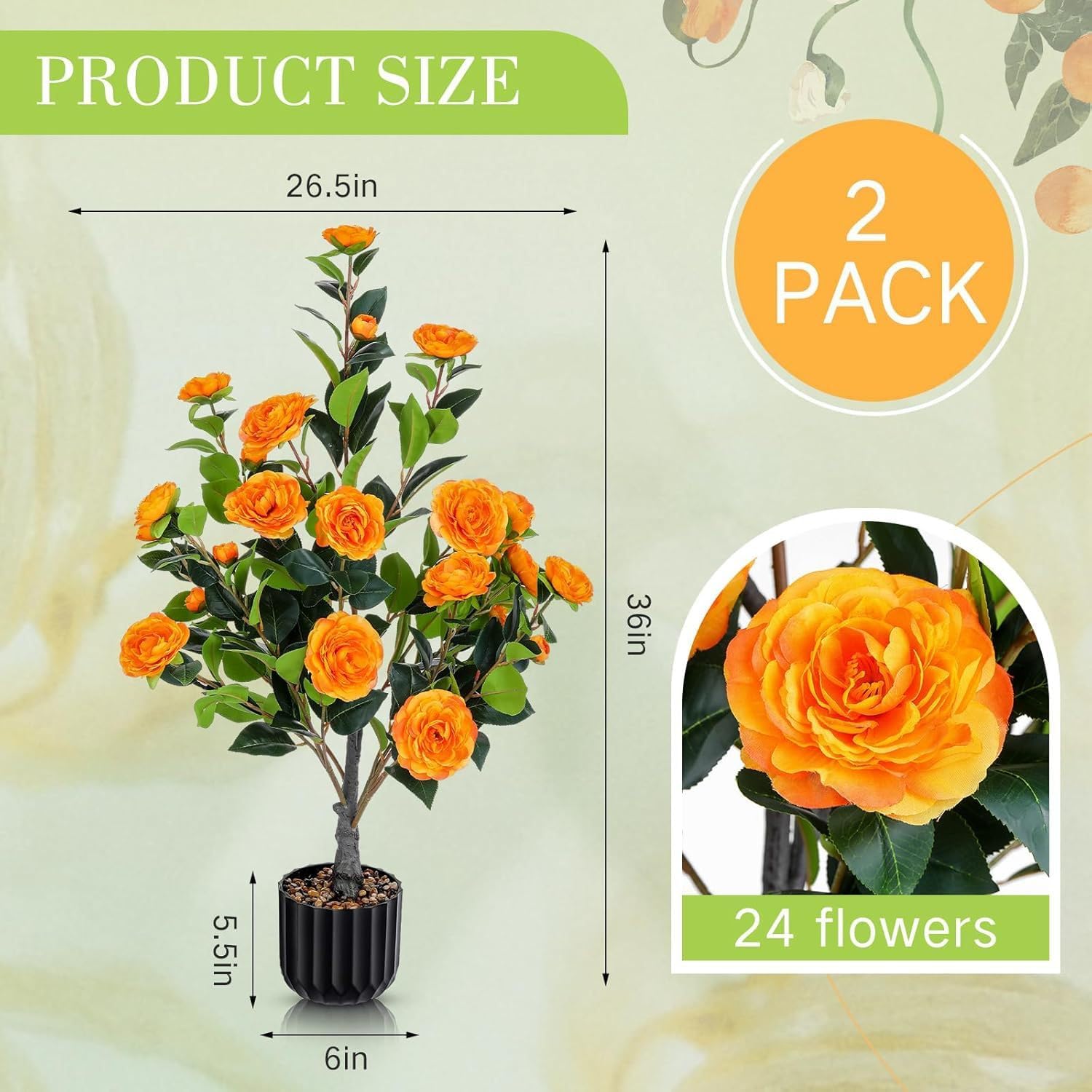 2 Pack 36 Artificial Tree with Camellia Flowers Fake Tree with 24 Blooming Flowers Orange Tree for Spring Home Front Door Outdoor Indoor Decor