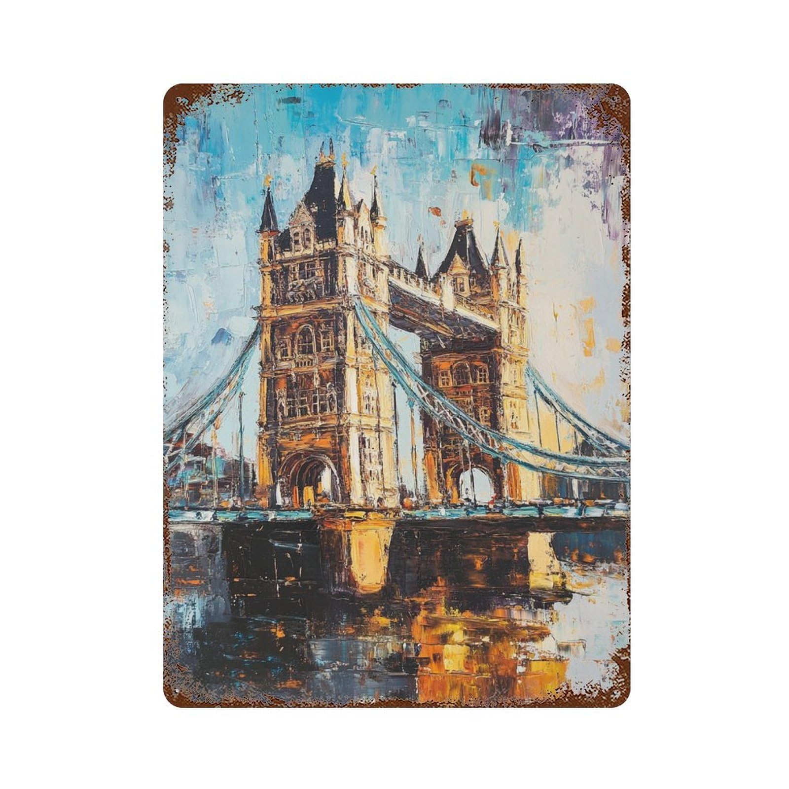 Rust Effect London Bridge Reflections Rusty Metal Tin Sign 15.7"x11.8", Industrial Home Decor for Living Room, Hallway And Home Decor