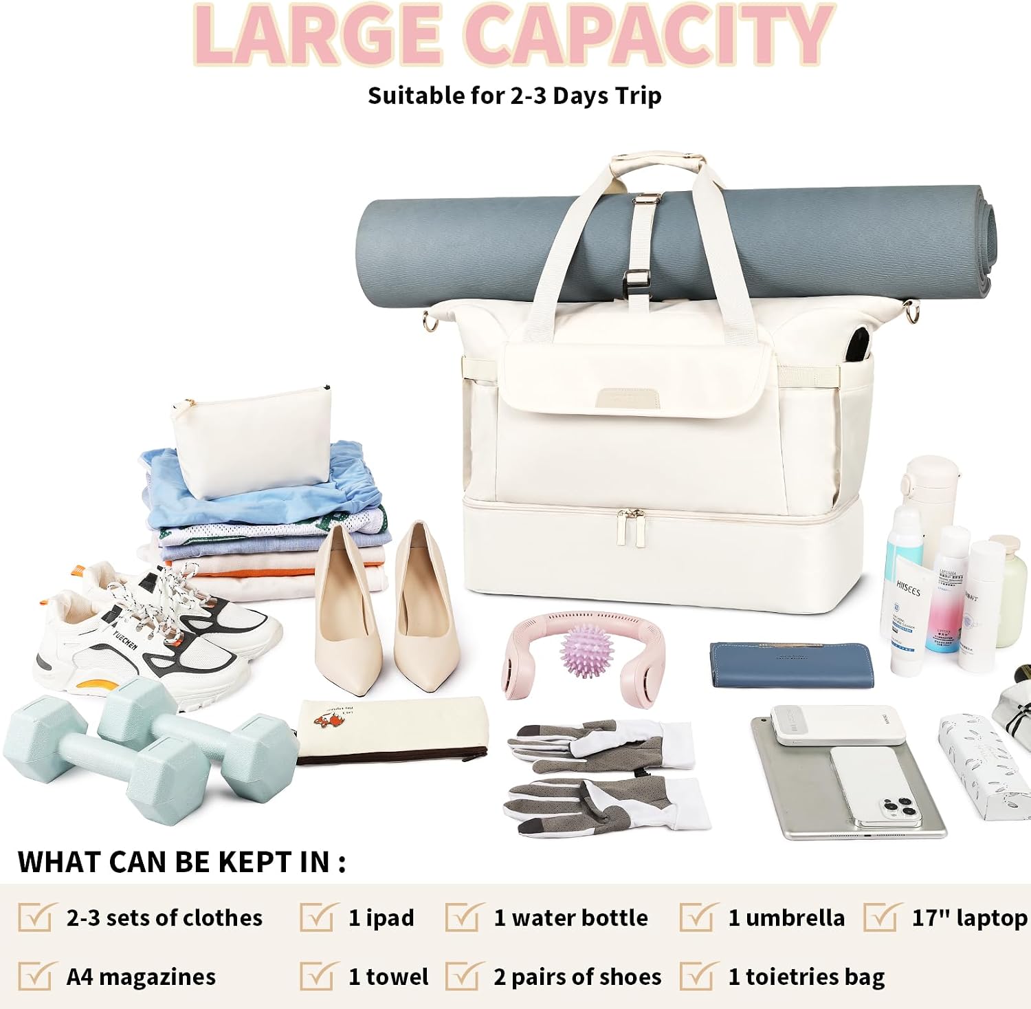 Travel Bag for Women, Sports Gym Duffel Bag, Weekender Overnight Bag with Wet Pocket and Shoes Compartment, Carry On Tote Bag Gym Yoga Duffel Bag for Men