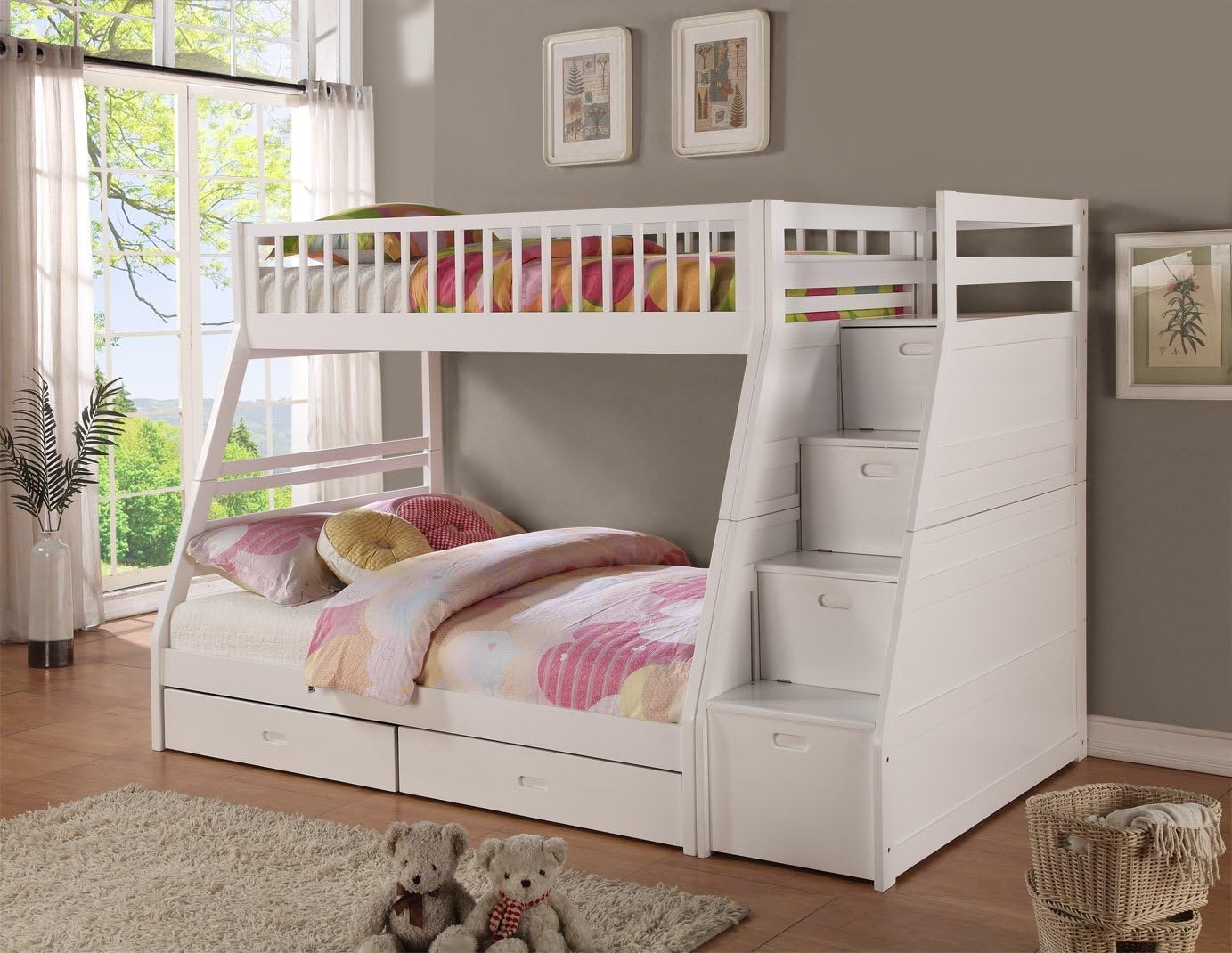 Myco Furniture Twin Over Full Staircase Bunk Bed, White