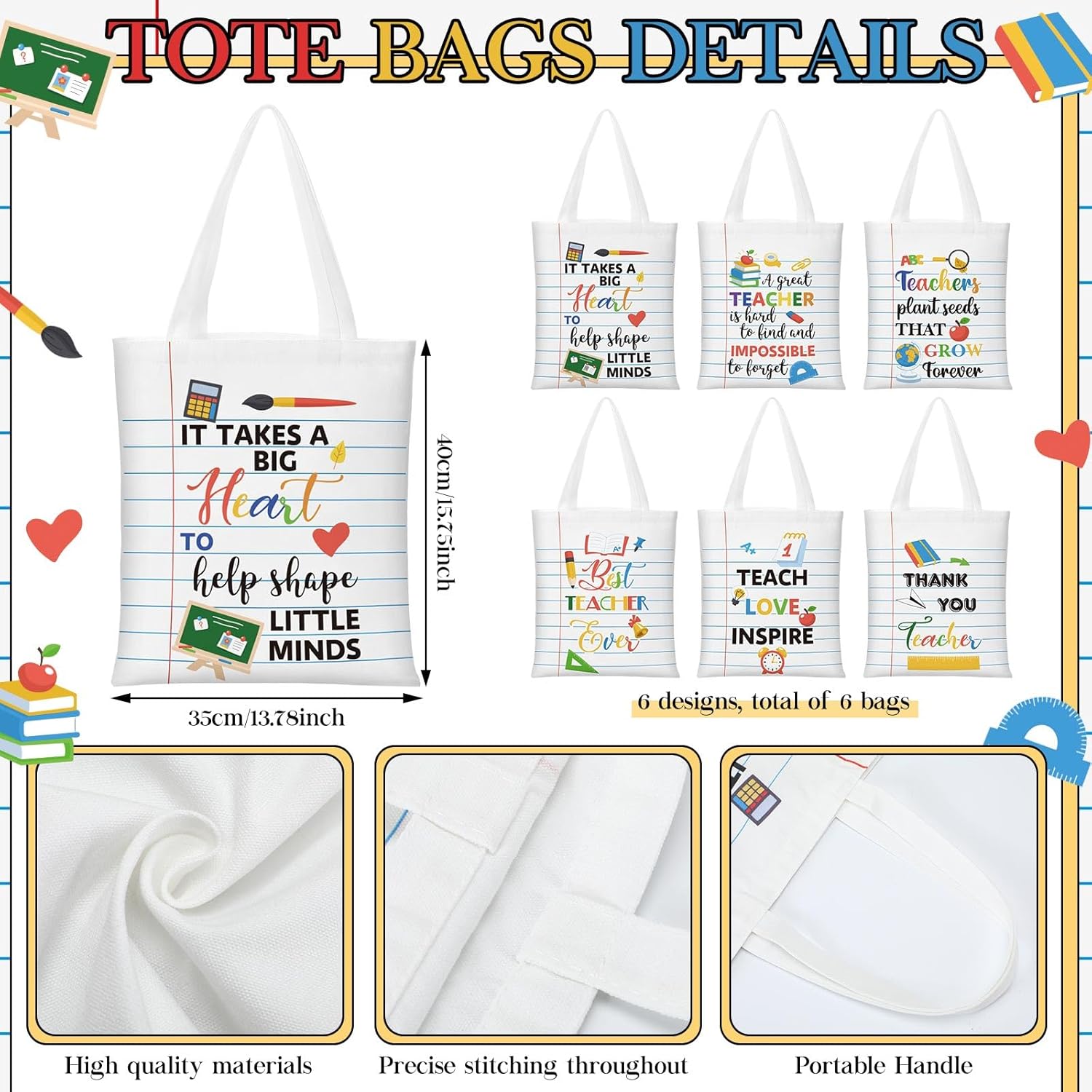 Paterr 12 Pcs Valentines Teacher Appreciation Gift Basket Filler Canvas Teacher Tote Bag with Makeup Bag for School Classroom - Image 3