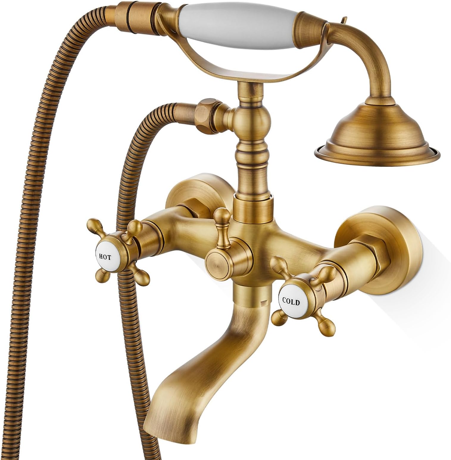 Airuida Wall Mount Bathtub Faucet with Telephone Handheld Sprayer, Double Hot and Cold Mixer, Cross Handles,Vintage Victorian Style Tub Filler Set Antique Brass