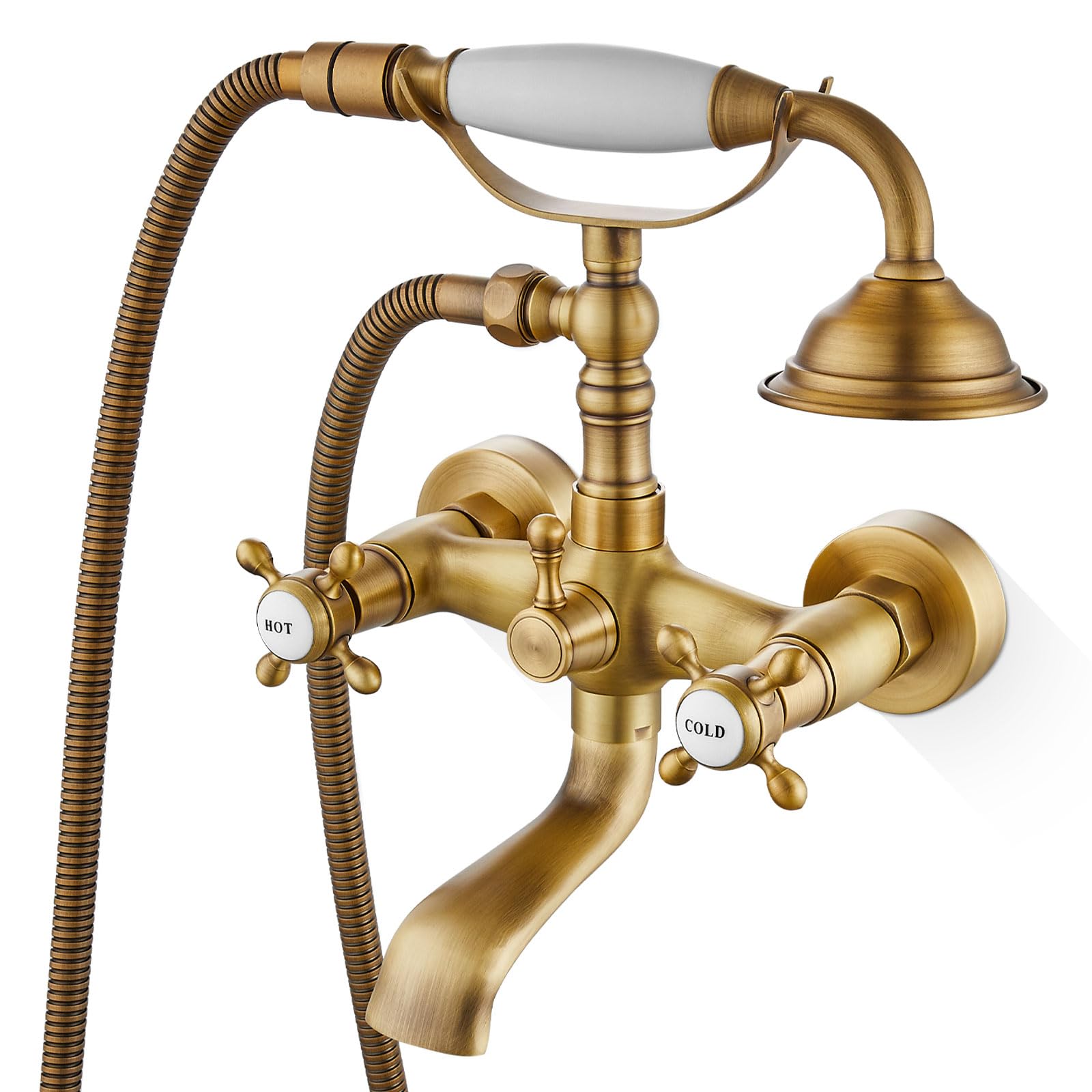 Airuida Wall Mount Bathtub Shower Faucet Kit with Telephone Shaped Handheld Sprayer Double Hot and Cold Water Mixer Tap Wall Mounted Tub Filler Set Vintage Style Cross Handles Antique Brass