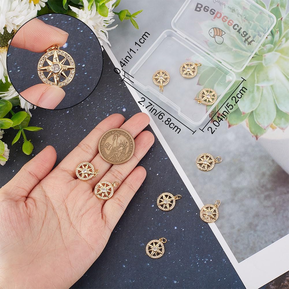 Beebeecraft 1 Box 10Pcs Compass Pendant Charms 18K Gold Plated Brass 925 Sterling Silver Round Tibet Style Nautical Charms with Cubic Zirconia Jump Ring for Jewelry Making Bracelets Necklace Crafts
