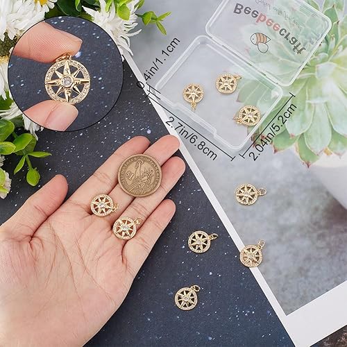 Miniatura 3 de Beebeecraft 1 caja de 10 dijes de brújula micro pavimenta de circonita cúbica de piedra de cristal dorado plano redondo colgantes para bricolaje