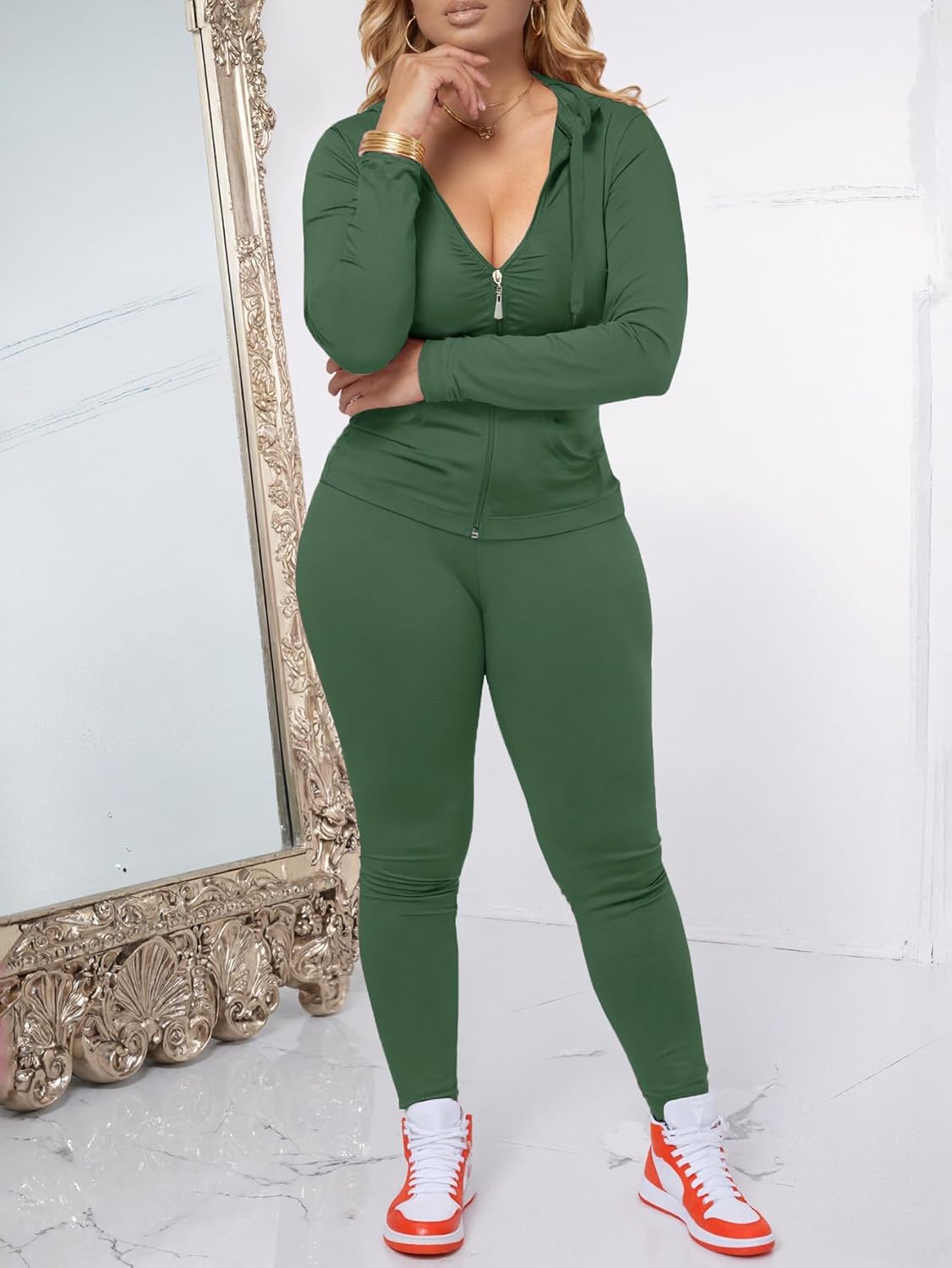 AUXDIO Women 2 Piece Outfits Casual Workout Sets Bodycon Tracksuit Zip Up Long Sleeve Hoodle Jacket Jogger Pants Set - Image 5