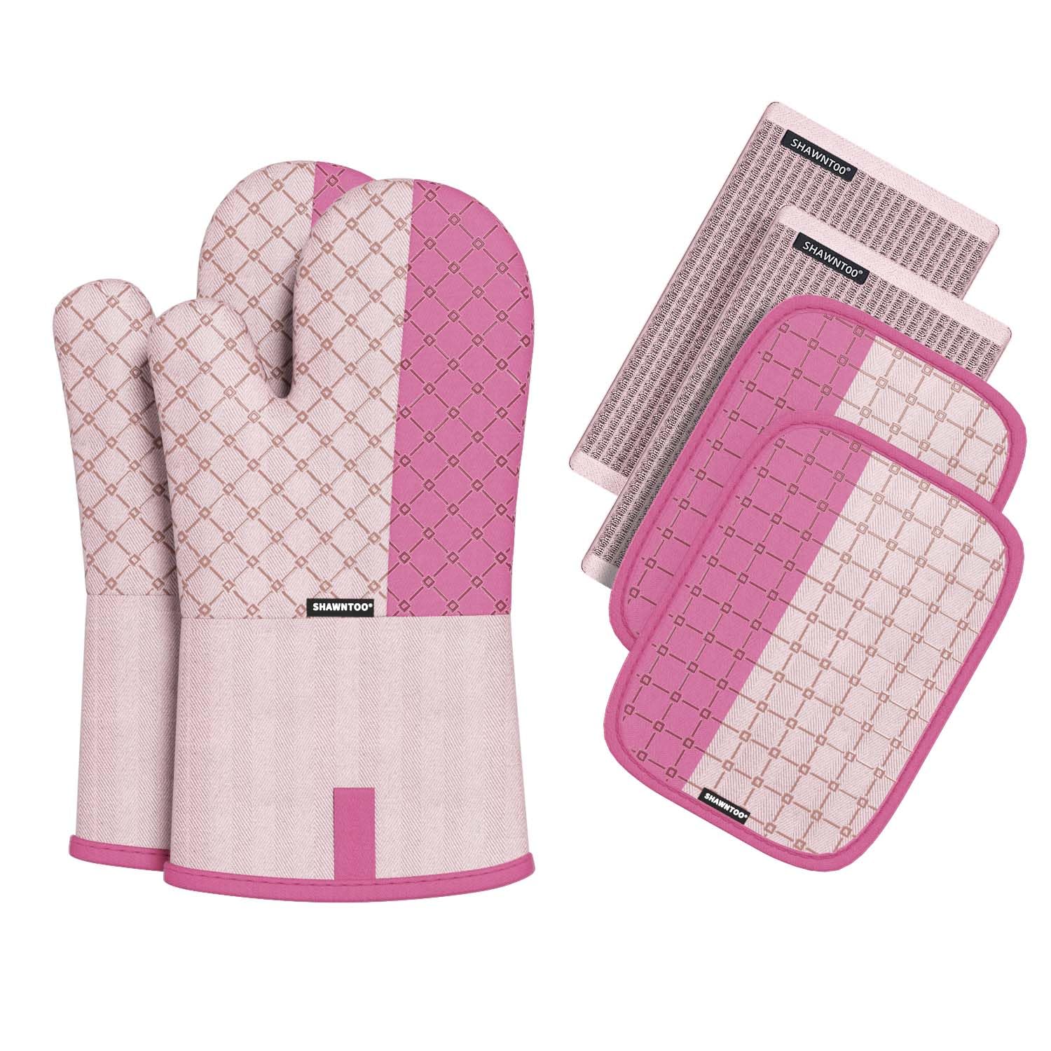 Oven Mitts and Pot Holders Sets 6pcs, Kitchen Oven Glove,High Heat Resistant 550 Degree Extra Long Oven Mitts and Potholders with Non-Slip Silicone Surface for Home Essentials (Grey) (Barbie Pink)