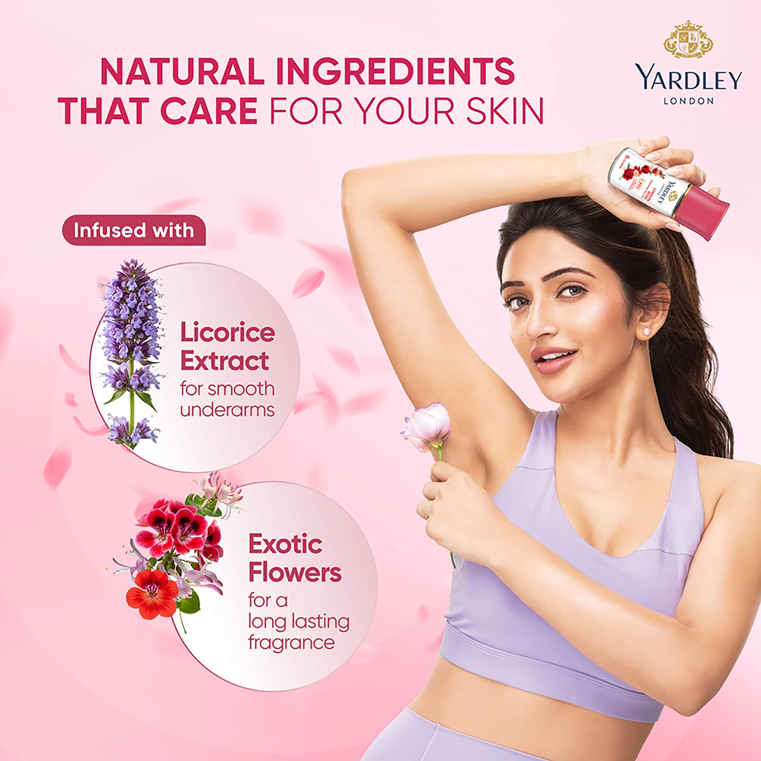Yardley London London Rose Underarm Deodorant Roll On | With Licorirce Extract & Floral Extracts | Smooth & Eventoned Underarms | 72 H Long Lasting Floral Scent| 0% Alcohol & Dermat Approved | For Women | 50ml