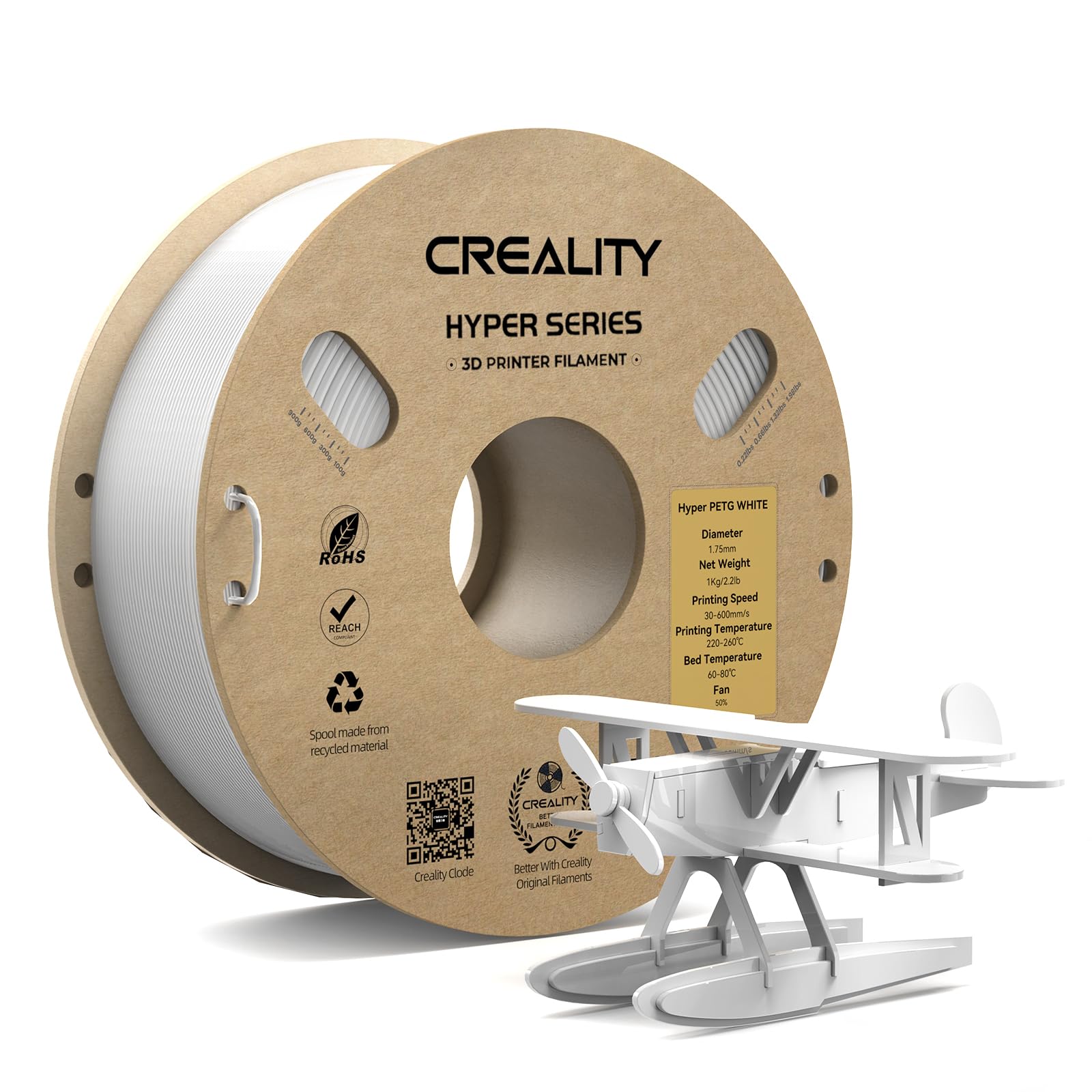 CREALITY Hyper PETG Filament 1.75mm 3D Printer Filament, Up to 600mm/s High Speed Rapid PETG, 1kg (2.2lb) Neatly Wound Cardboard Spool, Dimensional Accuracy ±0.03mm, Fit for Most 3D Printers, White