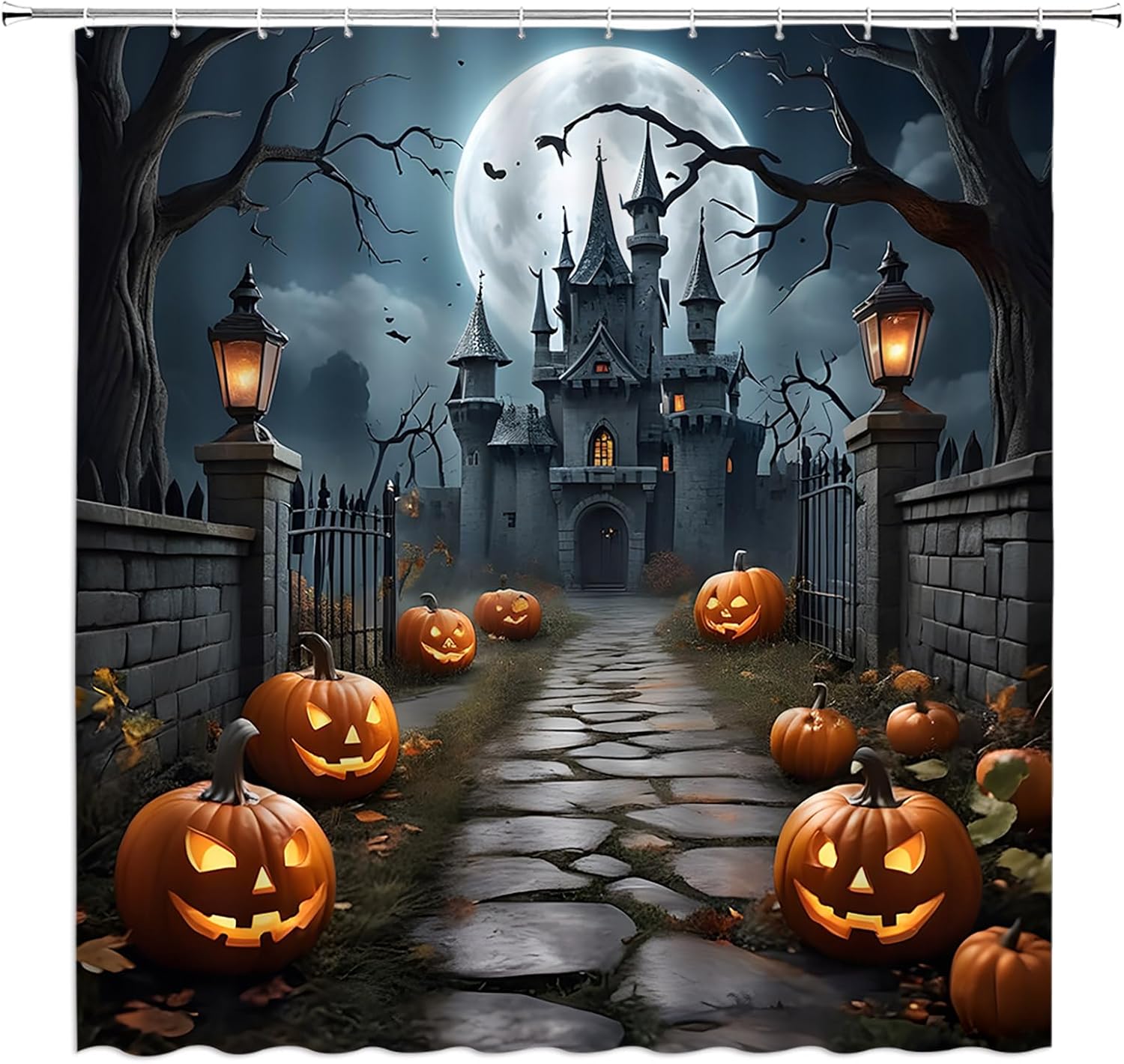 Halloween Shower Curtain Gothic Castle Pumpkin Lantern Dead Tree Full Moon Bat Horro Spooky Gray Night Scenic 70" WX96 H Bathroom Decor Fabric Curtain with Hooks