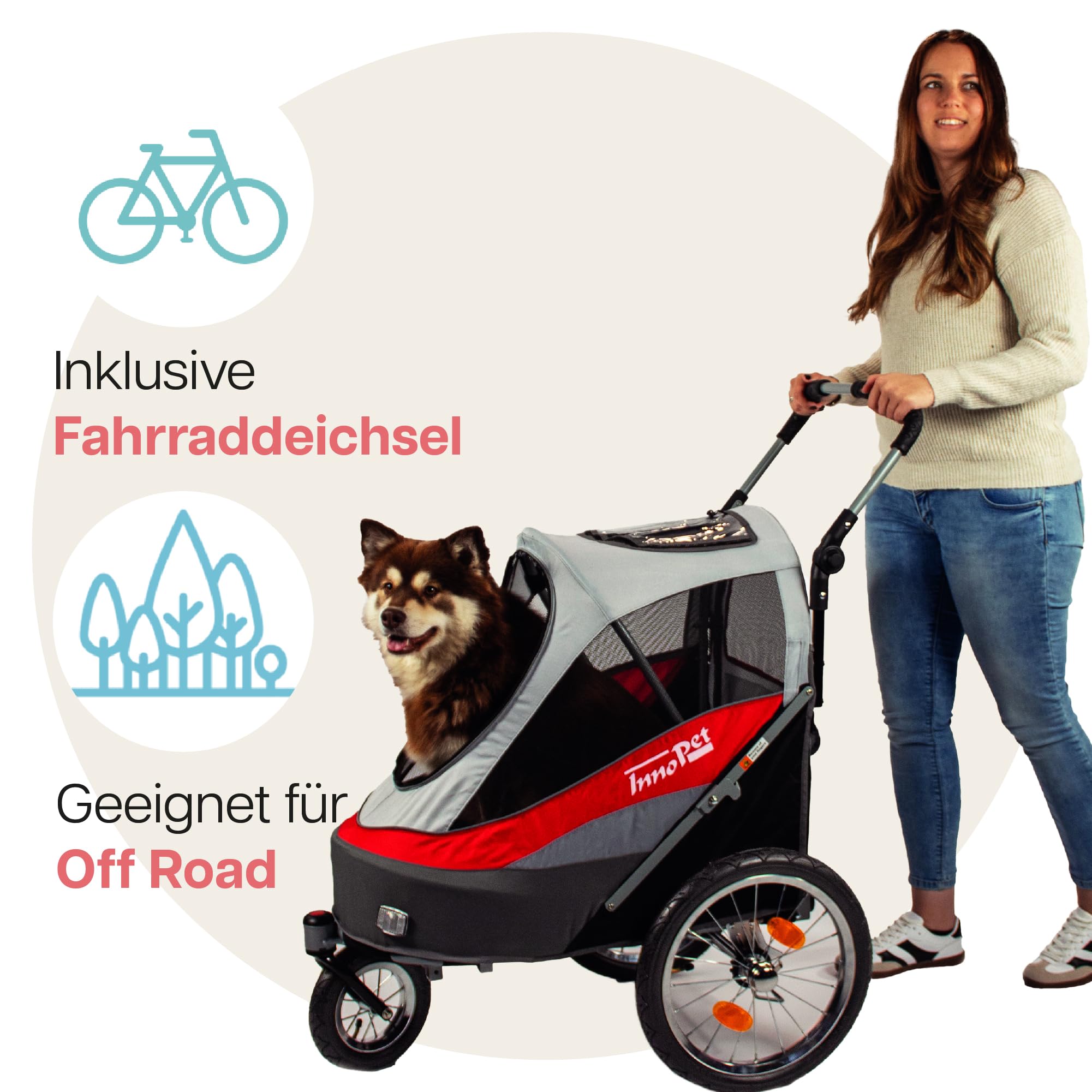 Hundebuggy & Fahrradanhänger für Hunde - Innopet Sporty Dog Trailer Deluxe Hundeanhänger für Fahrrad - Rot/Weiß - zusammenklappbar - mit Regenschutz - Luftreifen - Fahrradkit inklusive