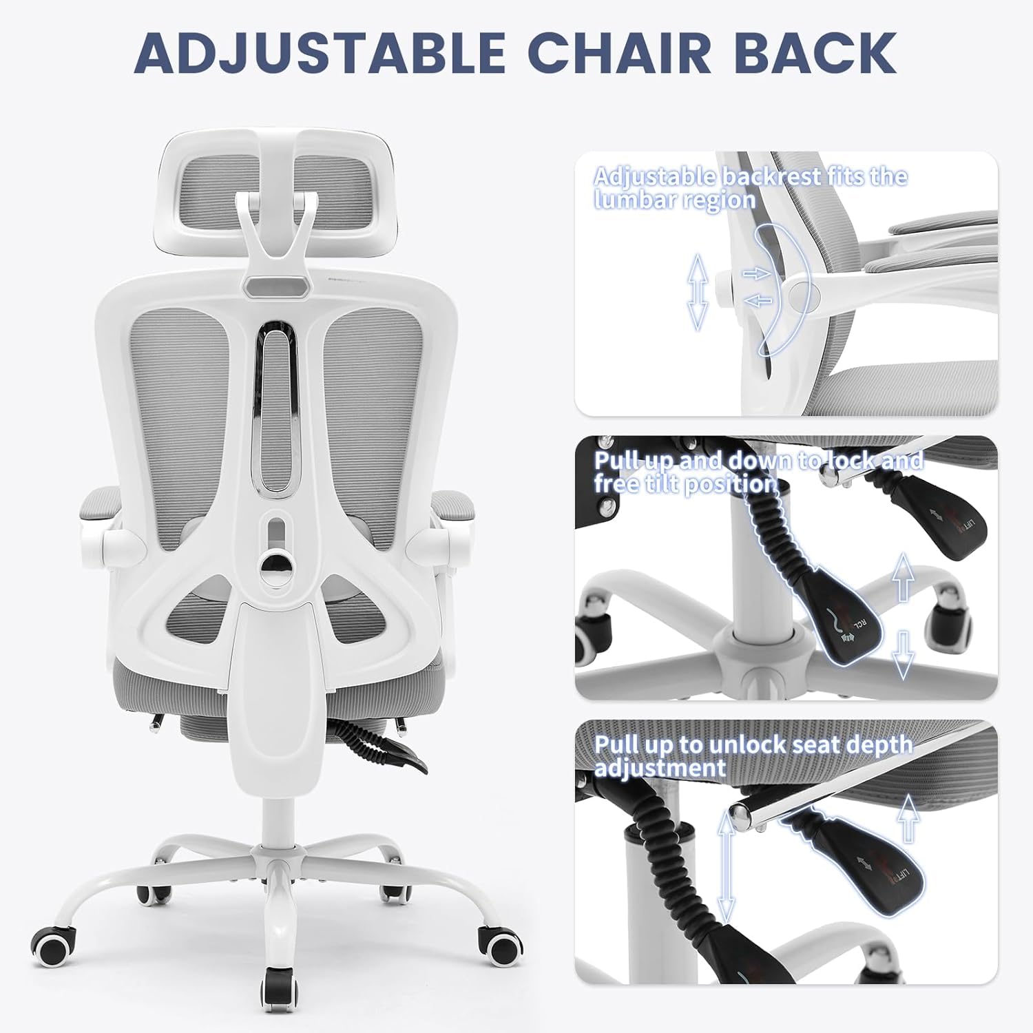Silla de oficina ergonómica con reposapiés, soporte lumbar ajustable y reposacabezas, giratoria de 360°, gris