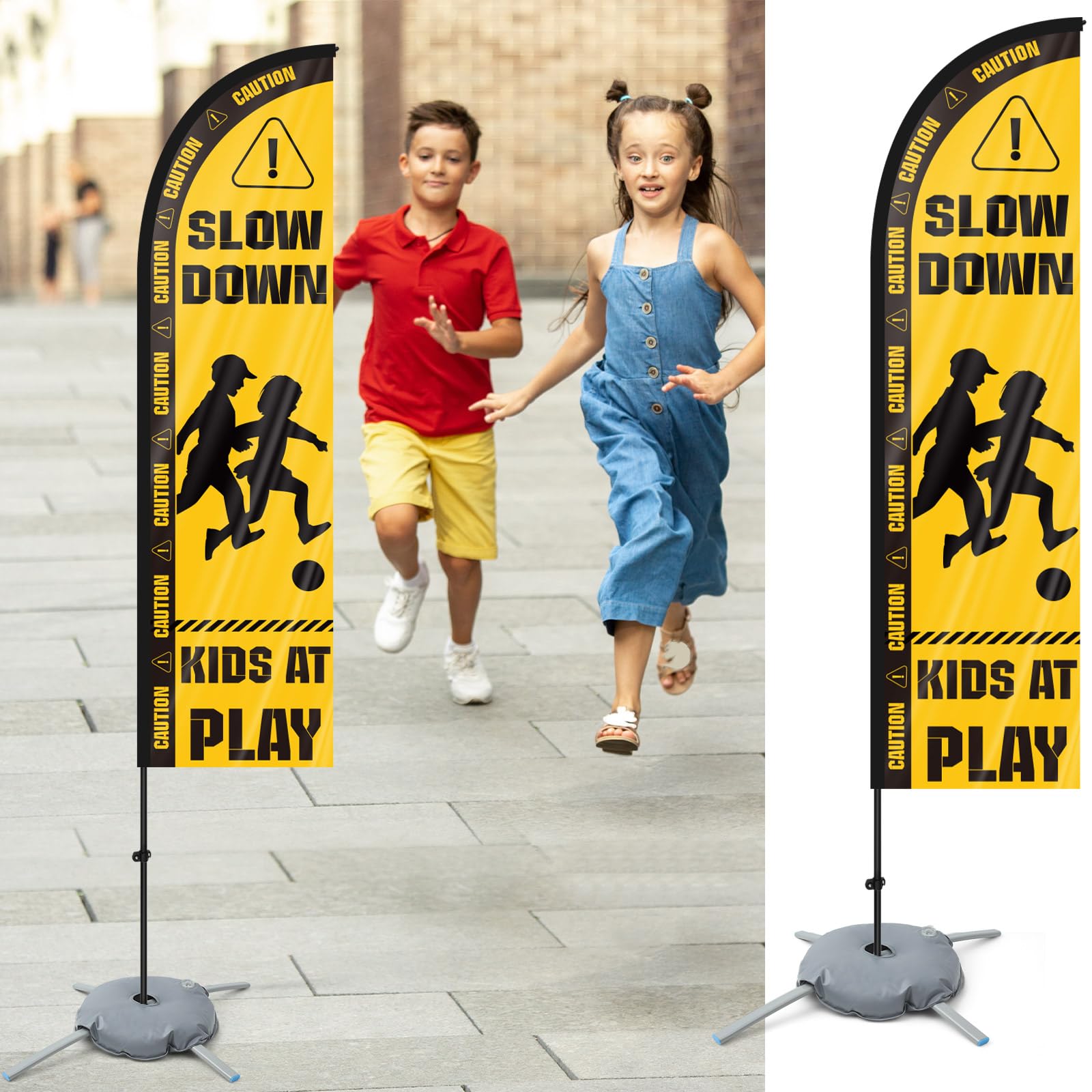 Preboun Letrero de seguridad con postes de aleación de aluminio y bolsa de agua, base de tierra, precaución, plumas, señal lenta para calles, patios, entradas