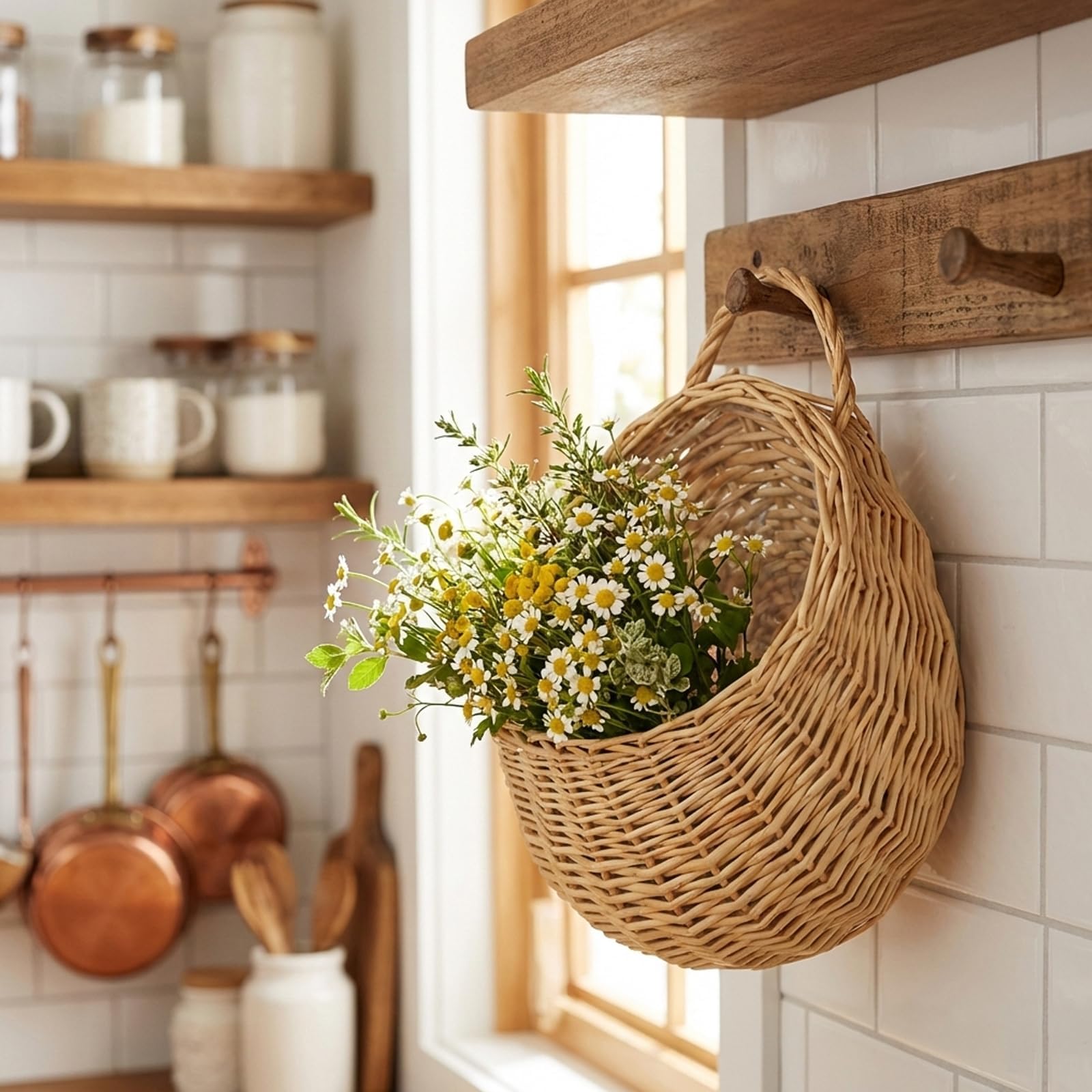 Cestino da parete in rattan intrecciato, confezione da 2, con fodera impermeabile, piccoli cesti appesi per interni e stoccaggio, fioriere in vimini per l'organizzazione della casa