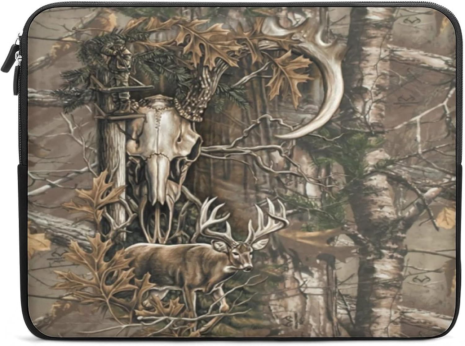 Deer Hunting Camo Buffalo Skull Laptop Sleeve Durable Carrying Bag Laptop Case Briefcase Computer Pocket Case Protective Case
