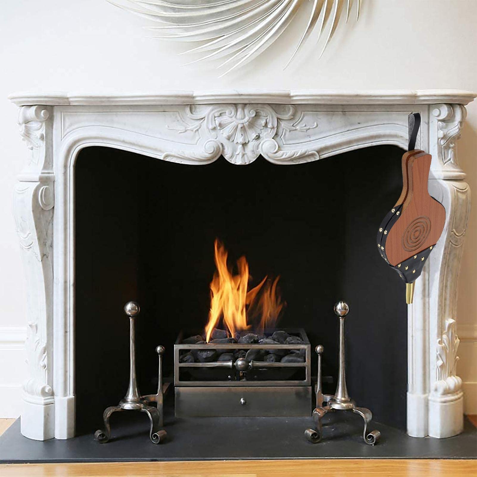 Fuelle， Fuelle de Madera, Fuelle de Madera for Chimenea Fuelle de Fuego de Cuero Grande ergonómico Soplador de Parrilla for Chimenea Manual Soplador de Aire de Madera con Correa