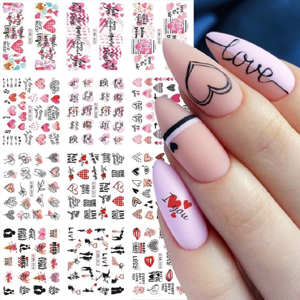 Walentynki woda na paznokcie naklejka różowe serce miłość słowa pary do paznokci Charms suwaki Manicure dekoracja