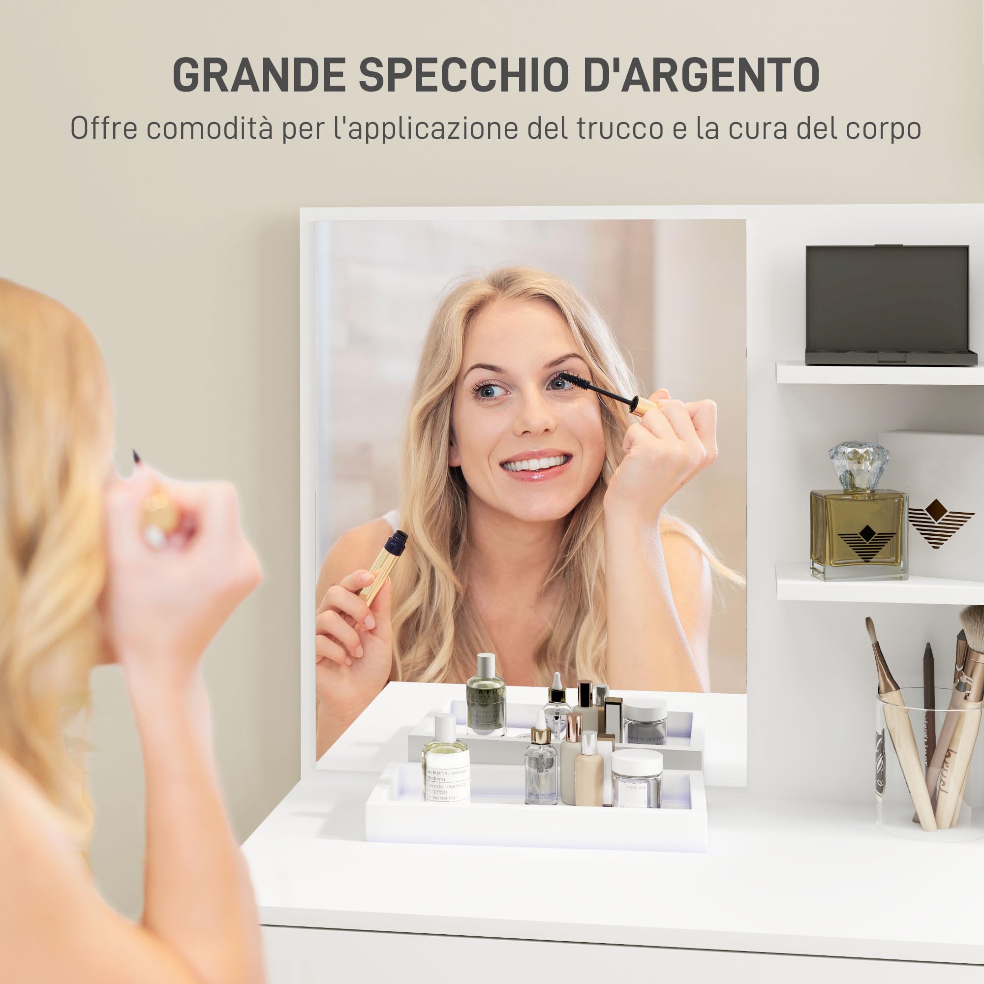 HOMCOM Postazione Trucco a 3 Ripiani e Cassetti con Specchio e Sgabello Abbinato, Toeletta Trucco da Camera in Truciolato, 75x40x137 cm, Bianco