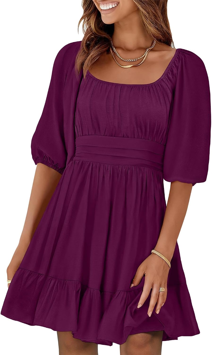 ANRABESS Womens Lantern Short Sleeve Square Neck Mini Dresses
