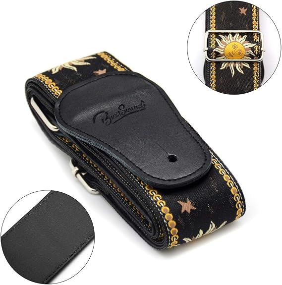 BestSounds Guitar Strap Genuine Leather Ends - Sun Jacquard Weave Strap For Bass Electric & Acoustic Guitars