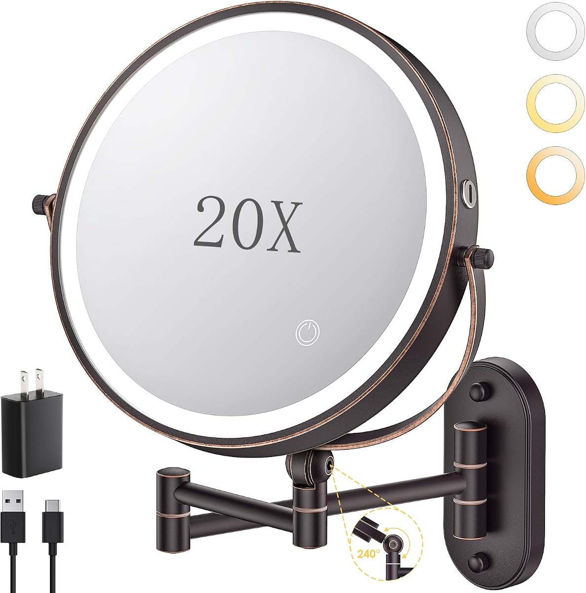 Espejo de maquillaje iluminado montado en la pared de 9 pulgadas, espejo de aumento recargable de doble cara 1X/20X de 4000 mAh con luz, regulable al tacto, brazo extendido, rotación de 360 grados, espejo de maquillaje montado en la pared, 3 luces de color, bronce