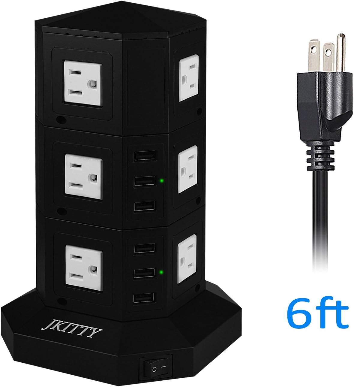 JKitty Surge Protector Power Strip Multi Outlet with Surge Protection USB ports 3000W 12 Outlet 6 USB 8A Total Each 2.4A Max 6ft Long Cord Fast Charge Stable Tower Wall Adapter Black