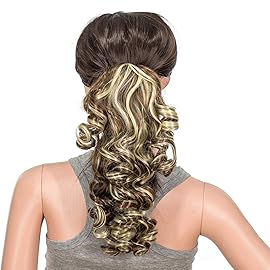 SWACC 12-Inch Short Screw Curls Claw Clip Ponytail Extensions Synthetic Clip in Drawstring Curly Ponytail Hairpiece Jaw Clip Hair Extension (Brown Blonde Highlights-6H613)