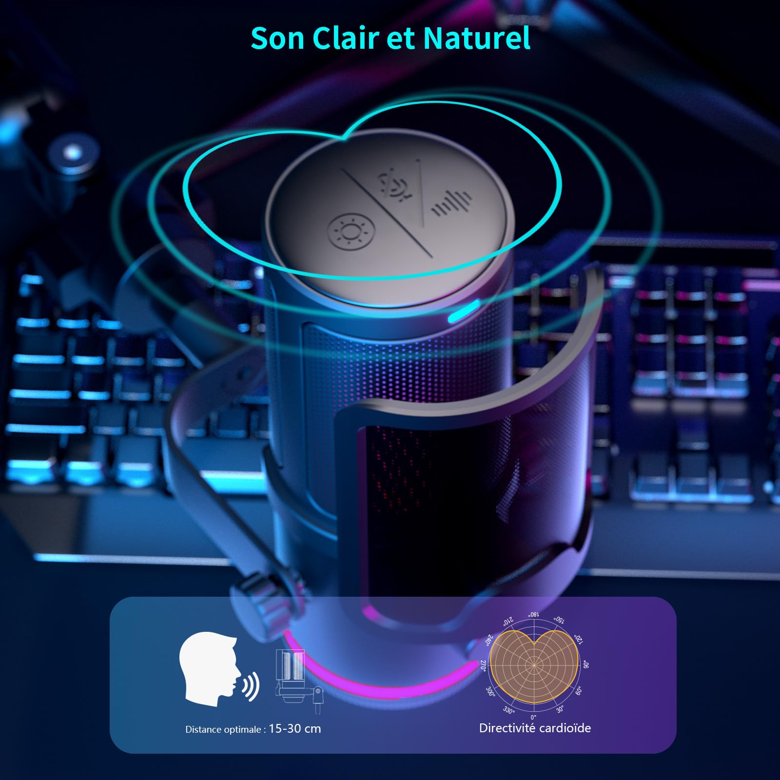 K KASONIC Microphone RGB pour Gaming avec Bras de Perche, Microphone Condensateur de Home Studio pour PC, Micro USB 24 Bits 192 kHz pour Enregistrement de Podcast, Kit de Microphone pour Streaming