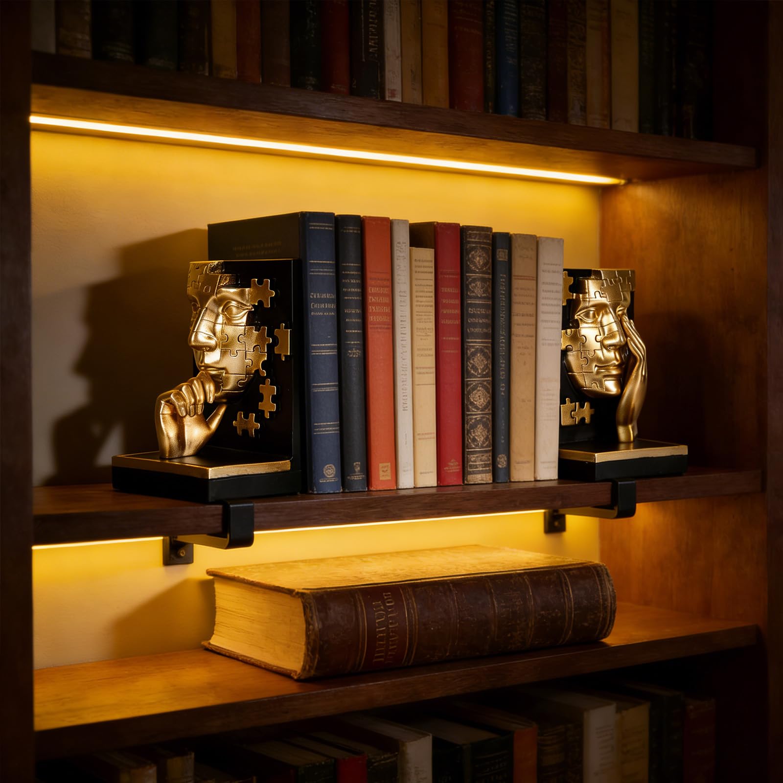 Moderne einzigartige Denker-Bücherregal-Buchstützen von Set 2 – cooles schwarz-goldenes ausgefallenes Gesicht Buchstützen für Regalzubehör, Bürotisch, Heimdekoration