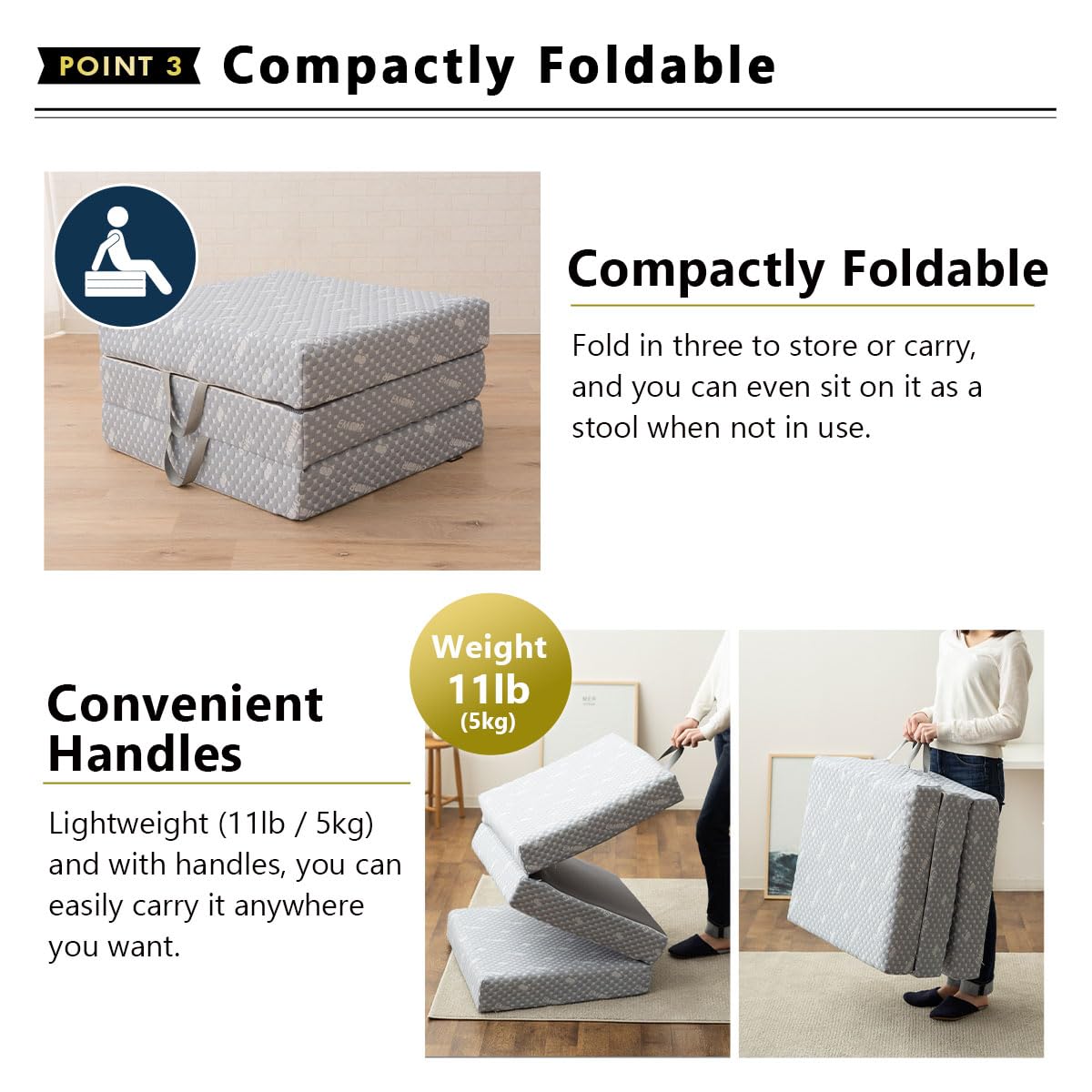 EMOOR Dreifach Faltbar Kompakt Matratze Luxe (65 x 180 cm) Grau, Urethan Abnehmbarer Bezug Outdoor Camping Tragbar Gästegriffe Japanische Futonmatratze Tatami