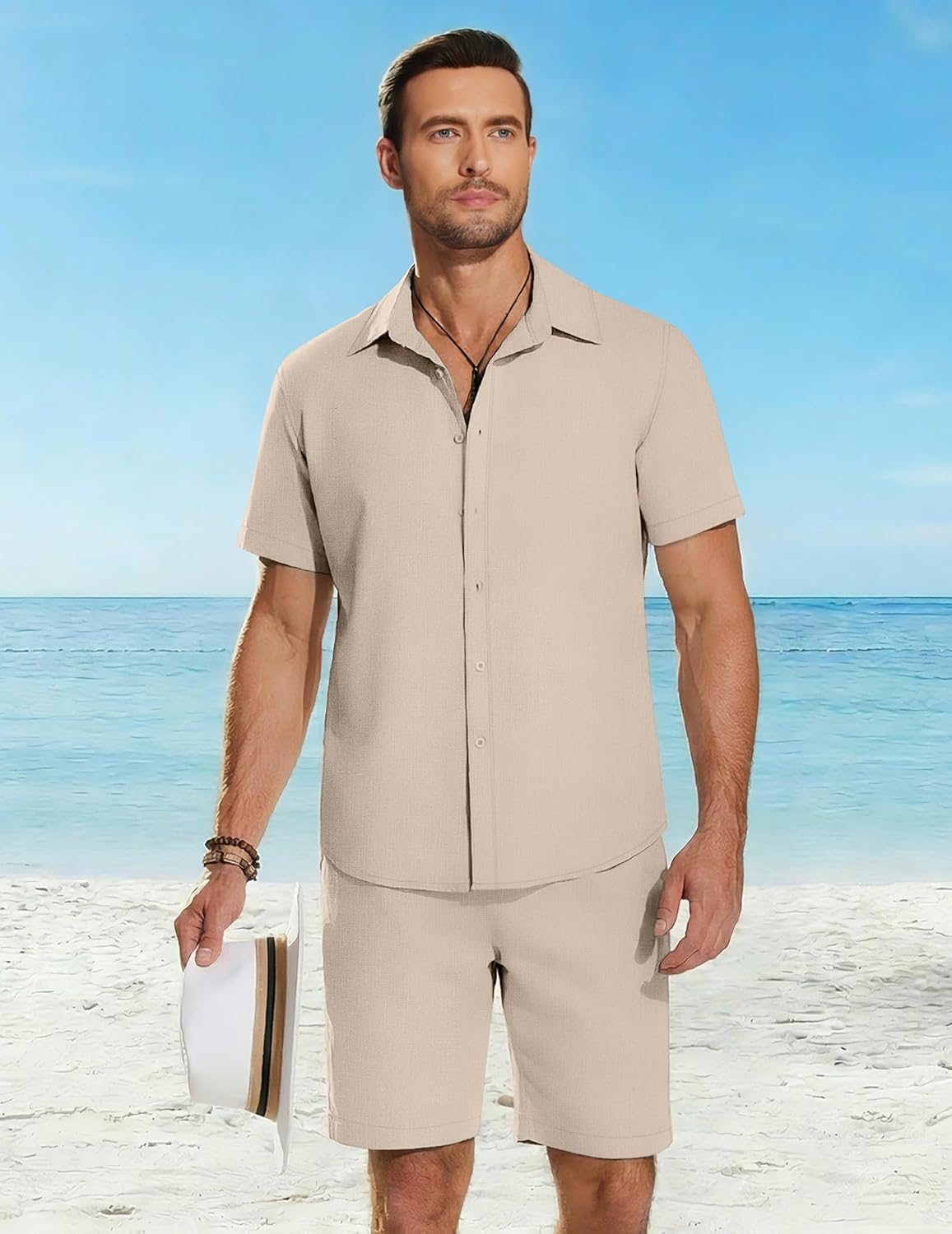 COOFANDY Men's 2 Pieces Cotton Linen Set Short Sleeve Button Down Shirts Summer Beach Shorts Casual Outfits - Image 3