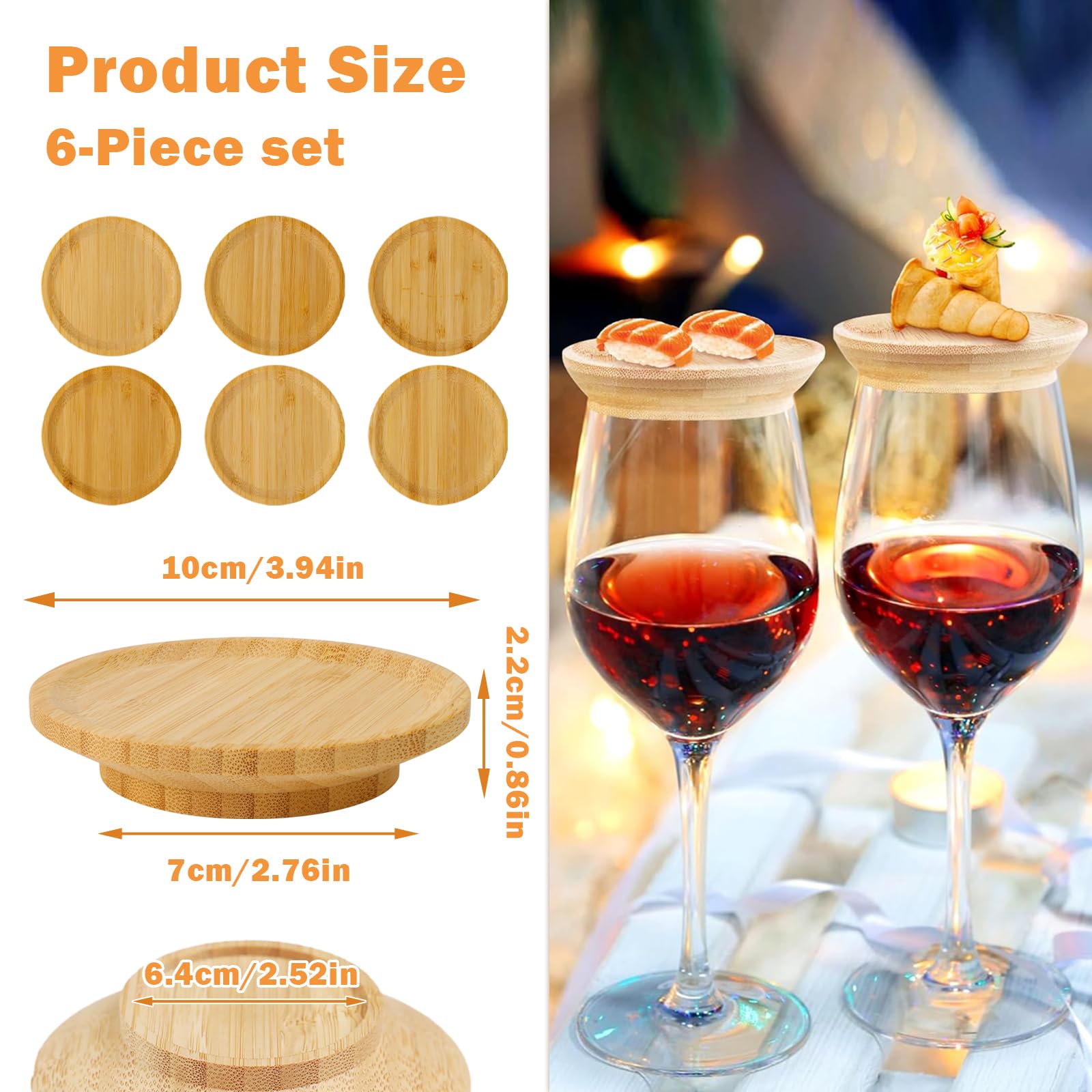 6 bicchieri da vino in legno, decorazione per bicchieri da vino, topper in legno, per dolci, piatti da antipasto