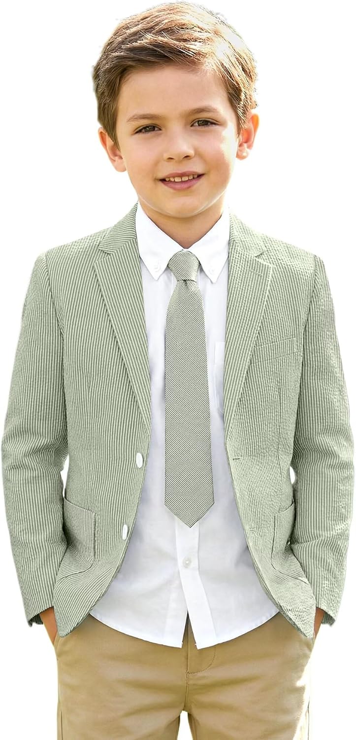 ROZU Boys Seersucker Blazer Lightweight Breathable Jacket Casual Stylish Summer Sport Coat for Wedding Travel