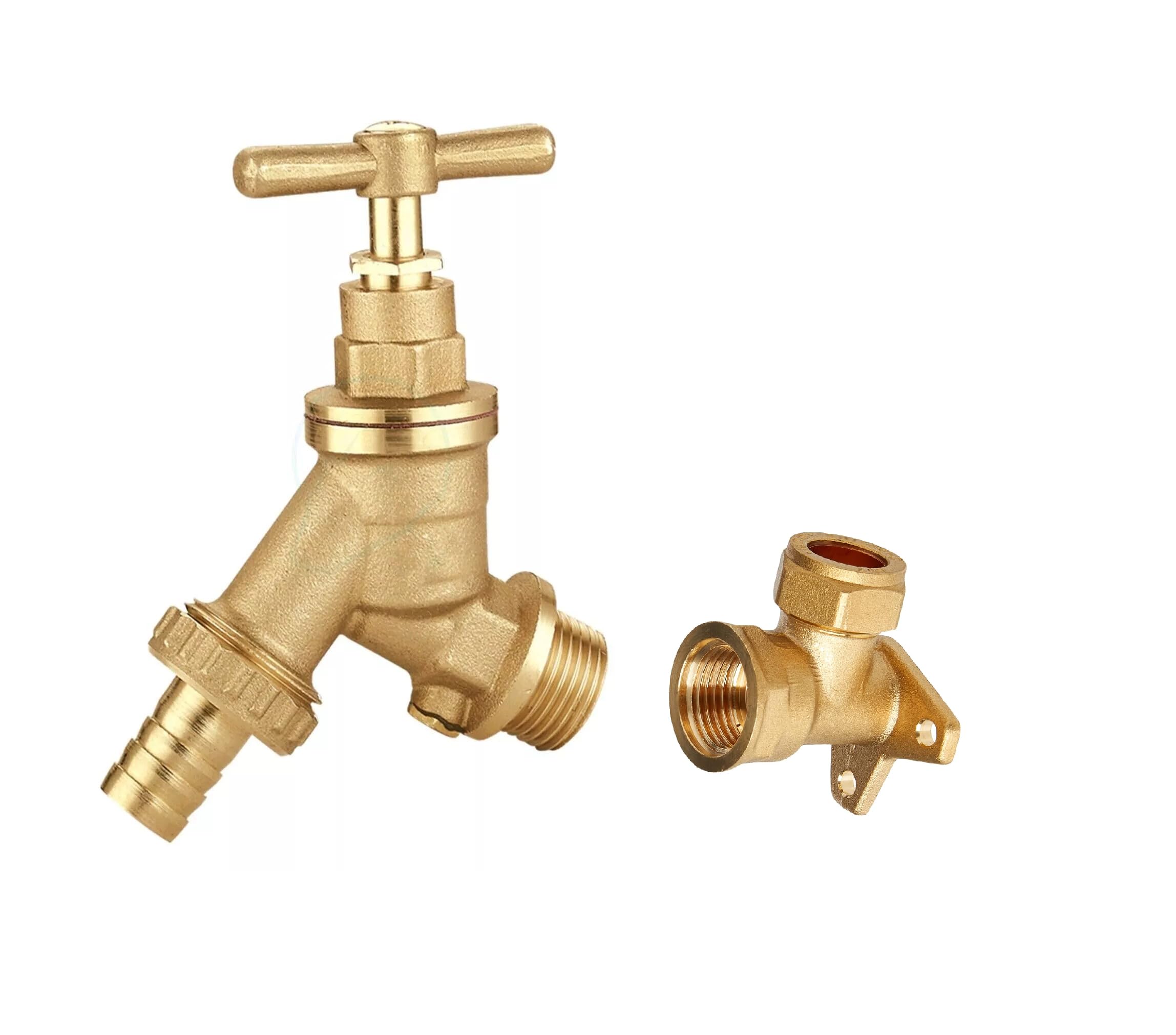 TC Outside Garden TAP Hose Union BIB TAP 1/2" Brass with Double Check Valve & Wall Plate Elbow 15mm x 1/2" Compression